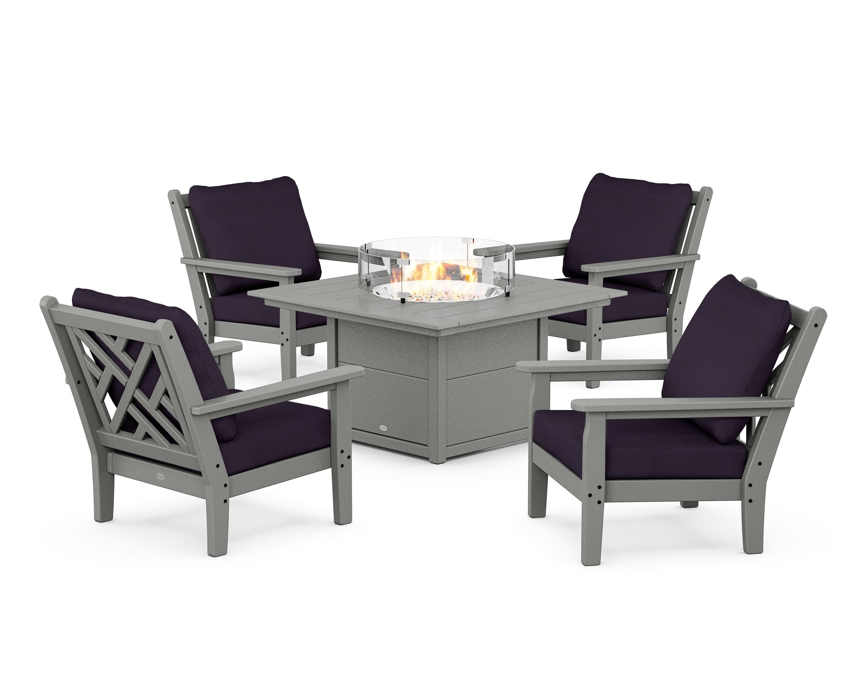 POLYWOOD® Chippendale 5-Piece Deep Seating Set with Fire Pit Table in Slate Grey / Navy Linen