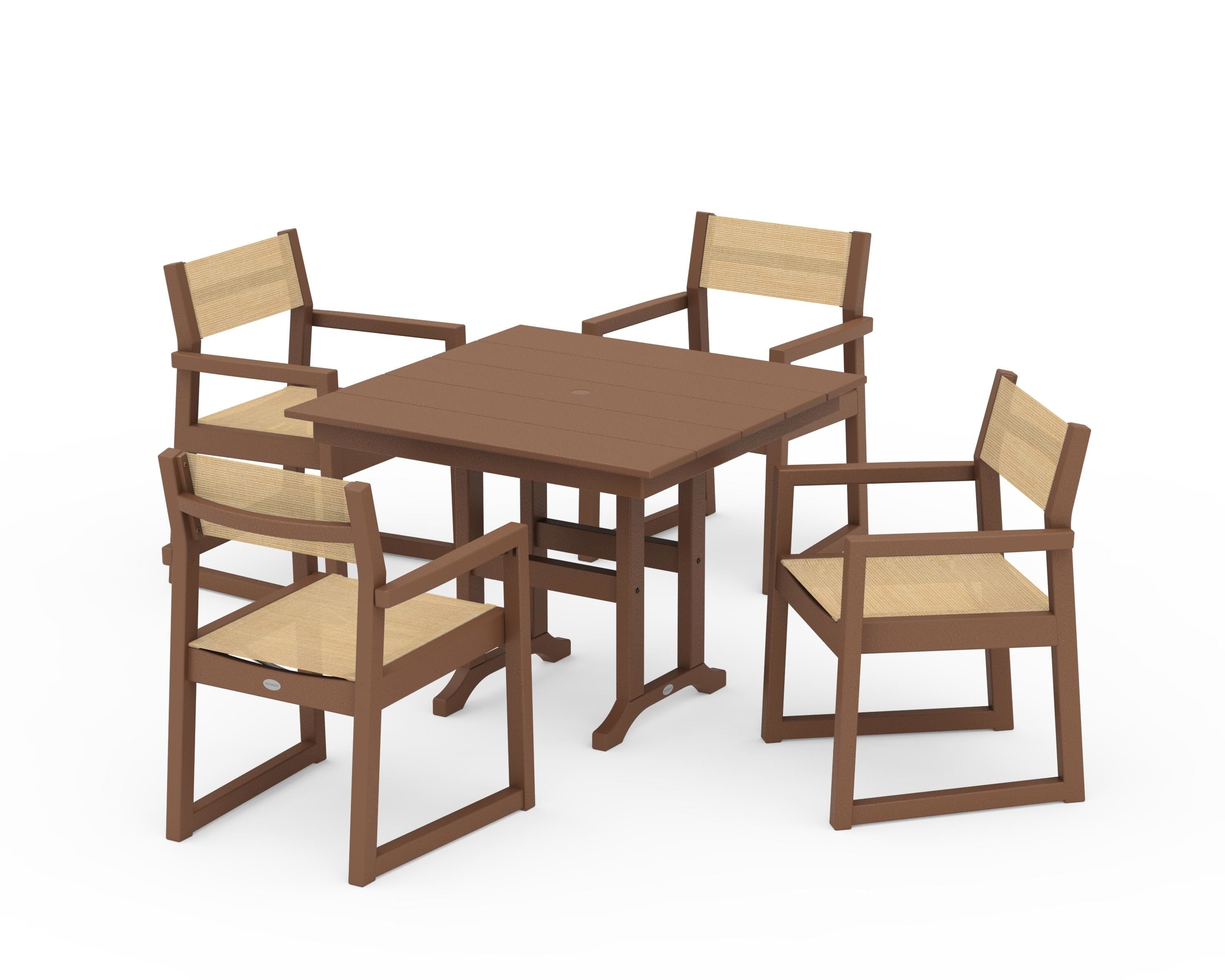 POLYWOOD® EDGE Sling Arm Chair 5-Piece Farmhouse Dining Set in Teak / Dupioni Apricot Sling