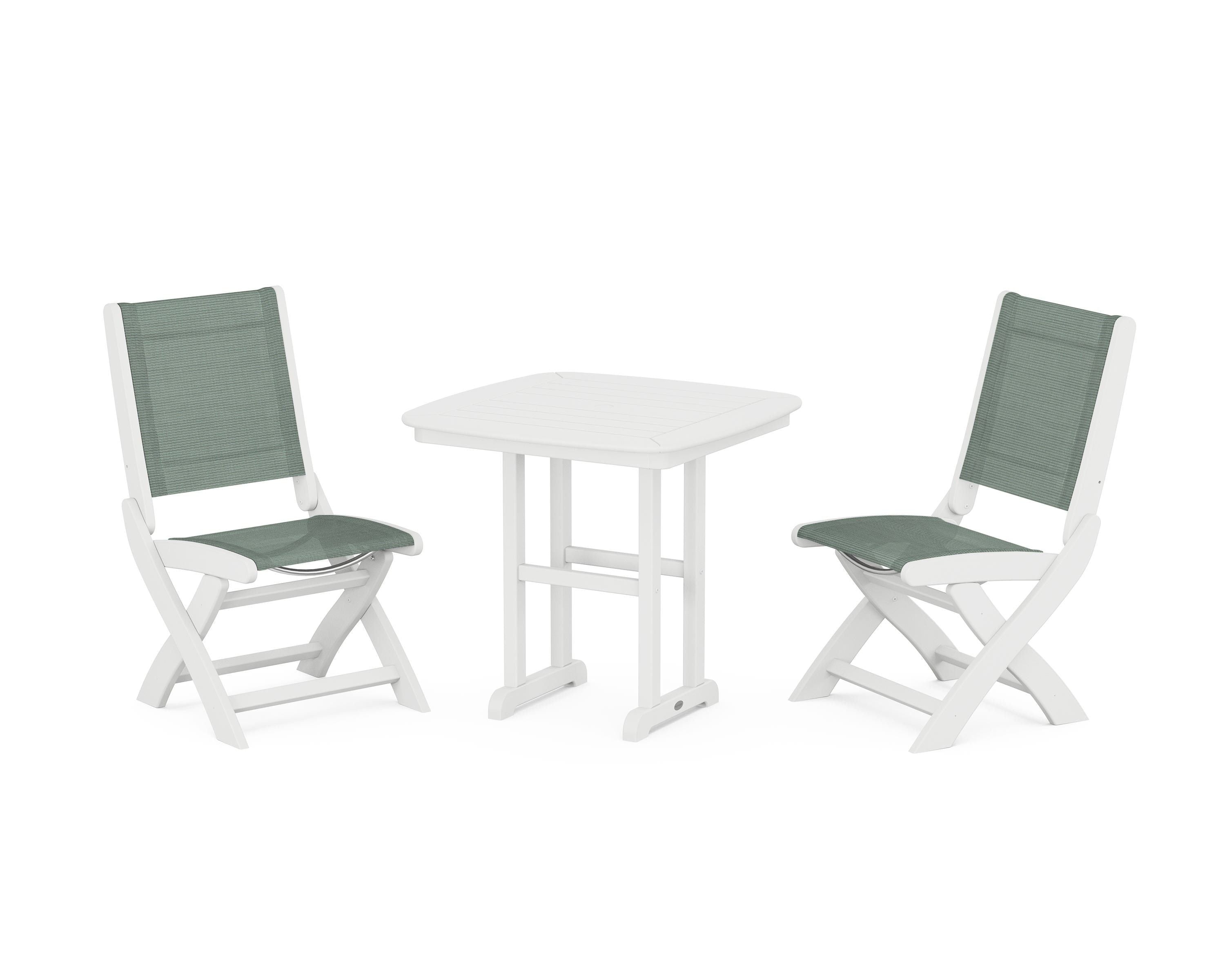 POLYWOOD® Coastal Folding Side Chair 3-Piece Dining Set in White / Dupioni Sea Mist Sling