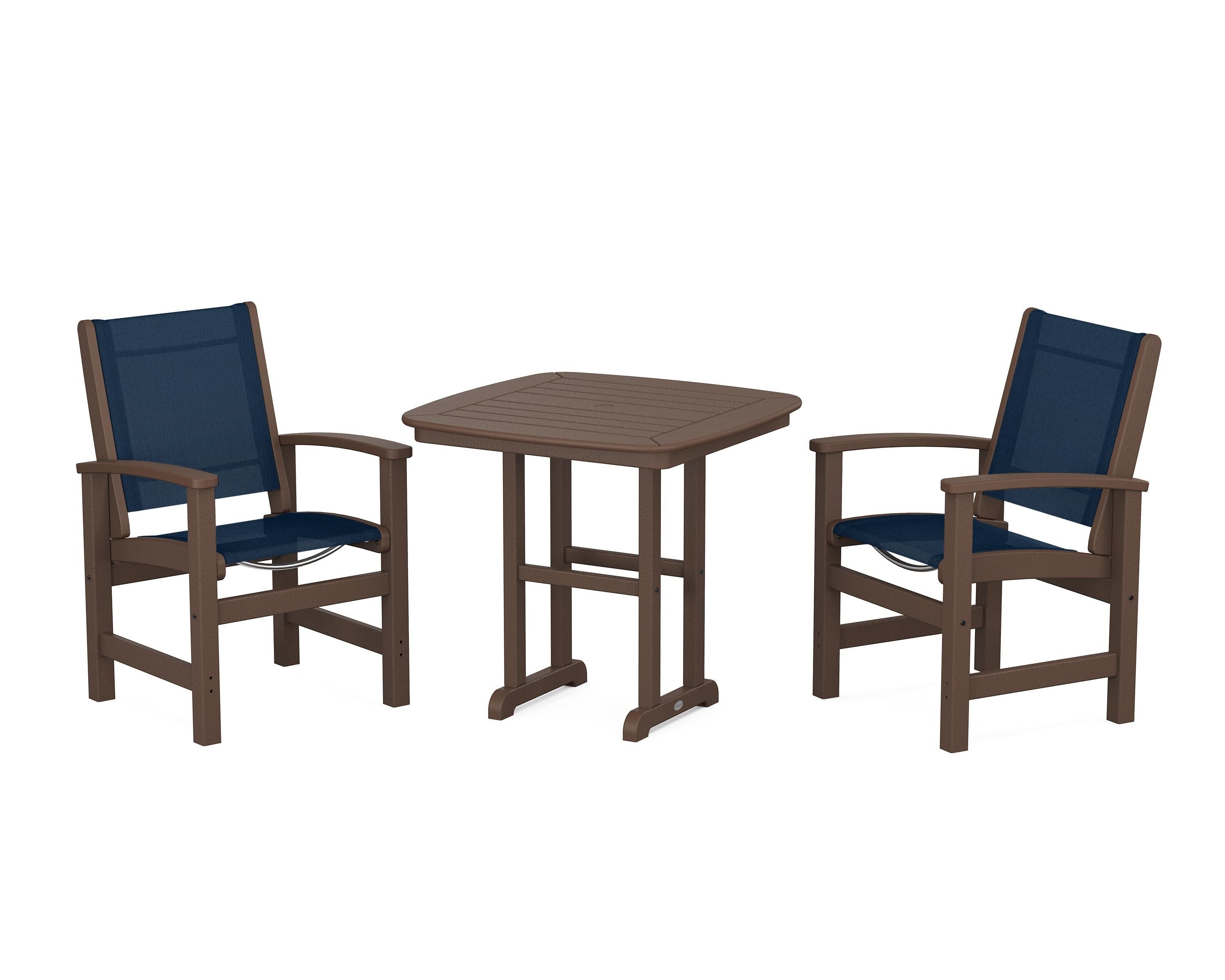 POLYWOOD® Coastal 3-Piece Dining Set in Mahogany / Navy Blue Sling