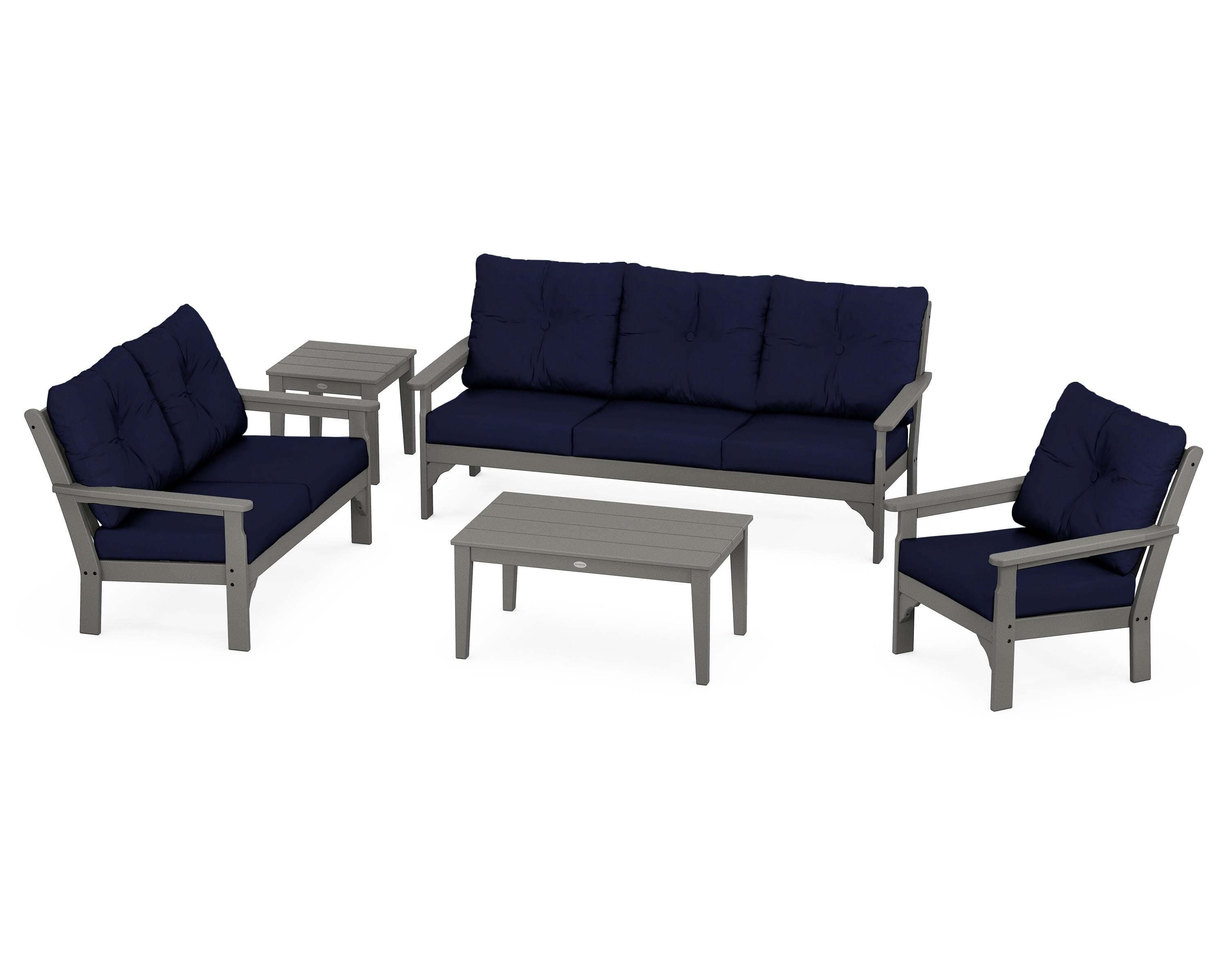 POLYWOOD® Vineyard 5 Piece Deep Seating Set in Slate Grey / Navy