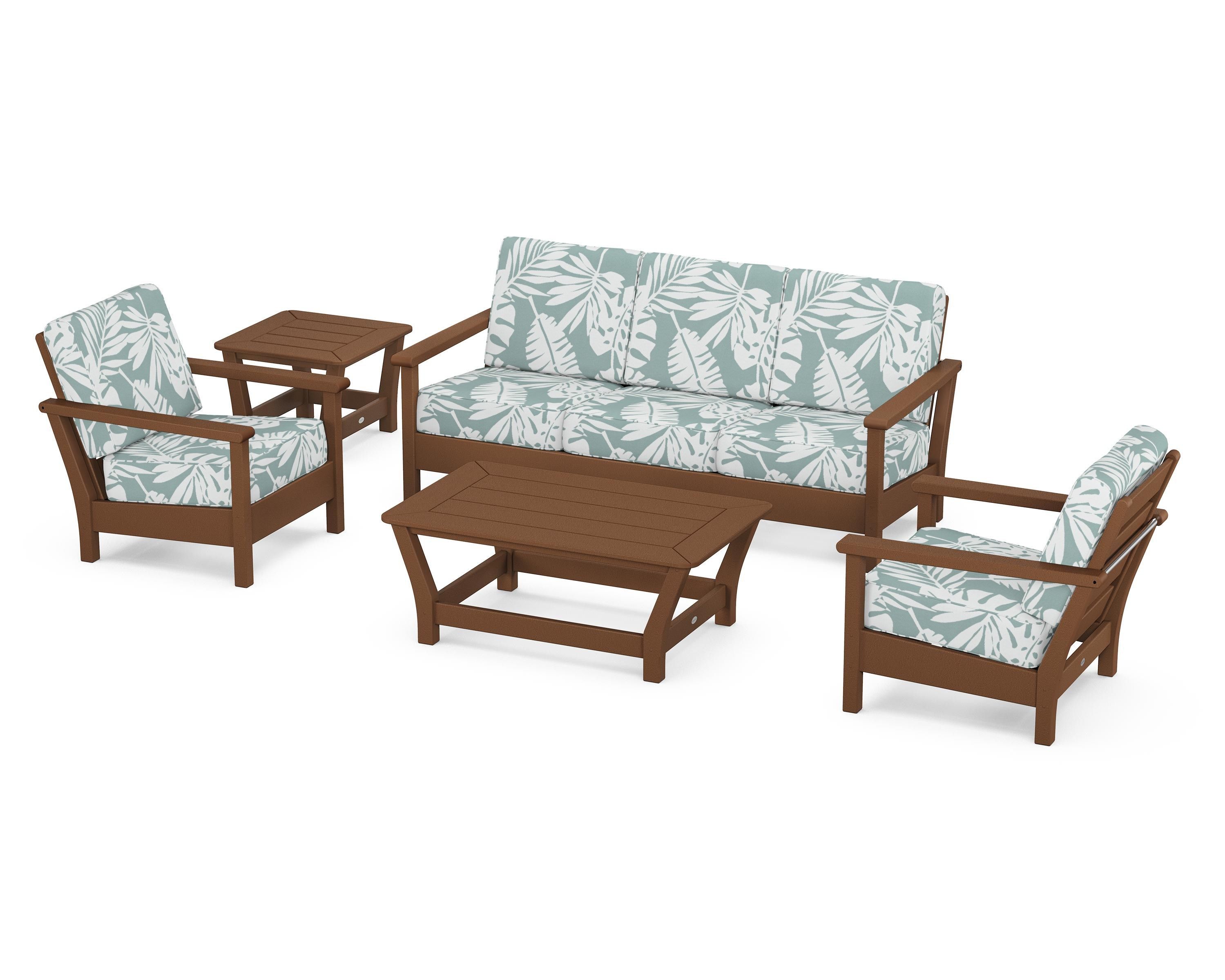 POLYWOOD® Harbour 5-Piece Deep Seating Set in Teak / Leaf Glacier Spa