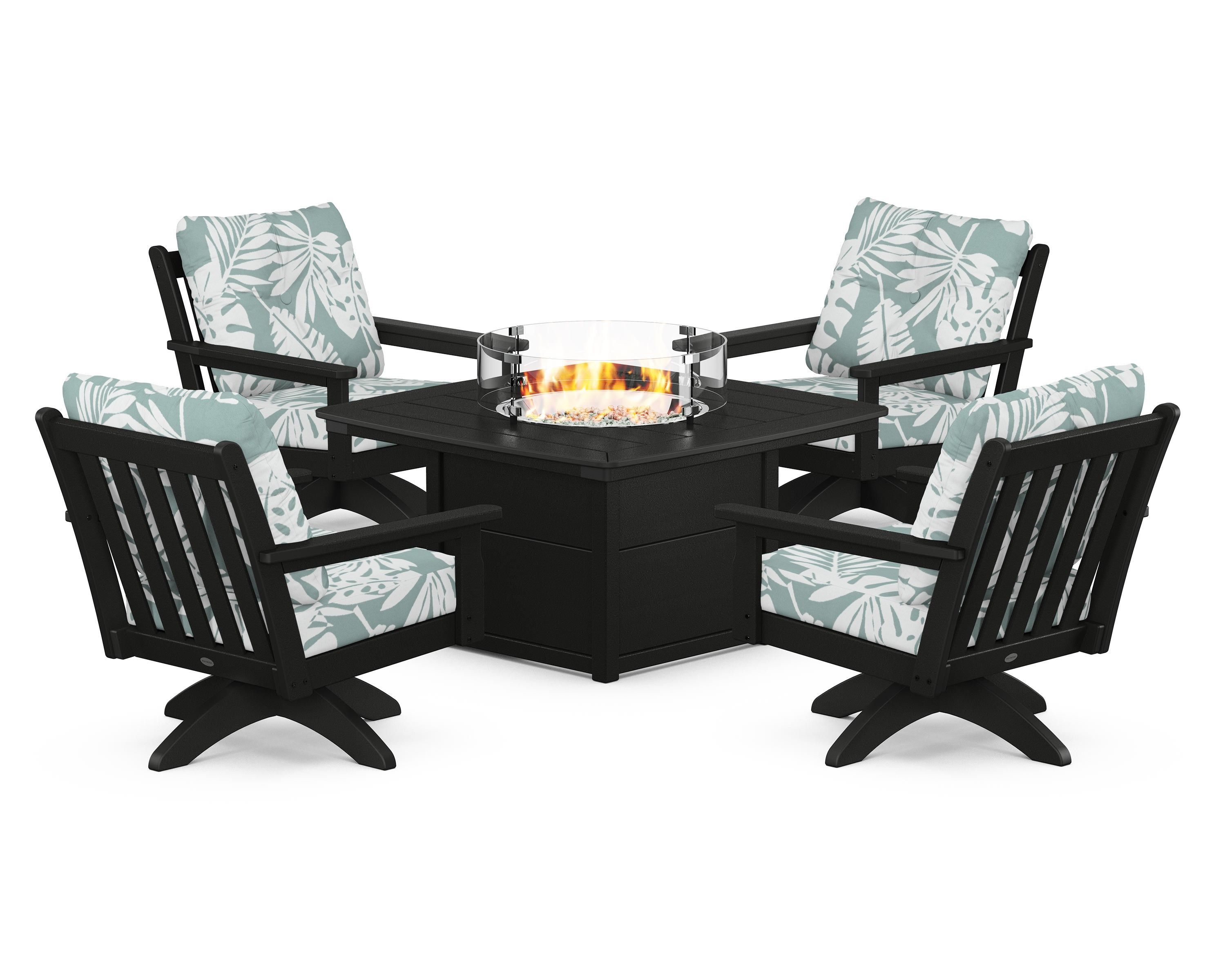 POLYWOOD® Vineyard 5-Piece Deep Seating Swivel Conversation Set with Fire Pit Table in Black / Leaf Glacier Spa