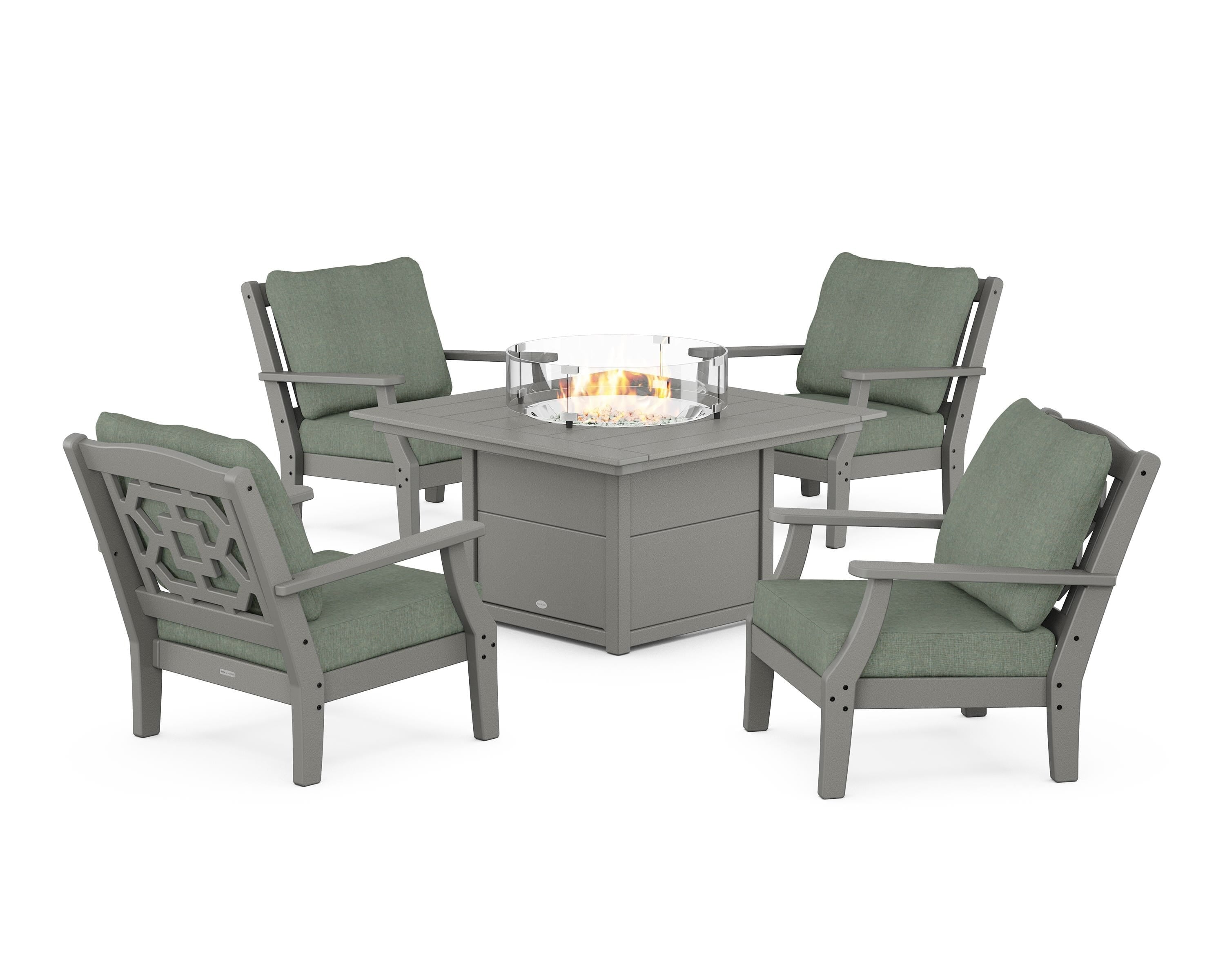 Martha Stewart by POLYWOOD® Chinoiserie 5-Piece Deep Seating Set with Fire Pit Table in Slate Grey / Cast Sage