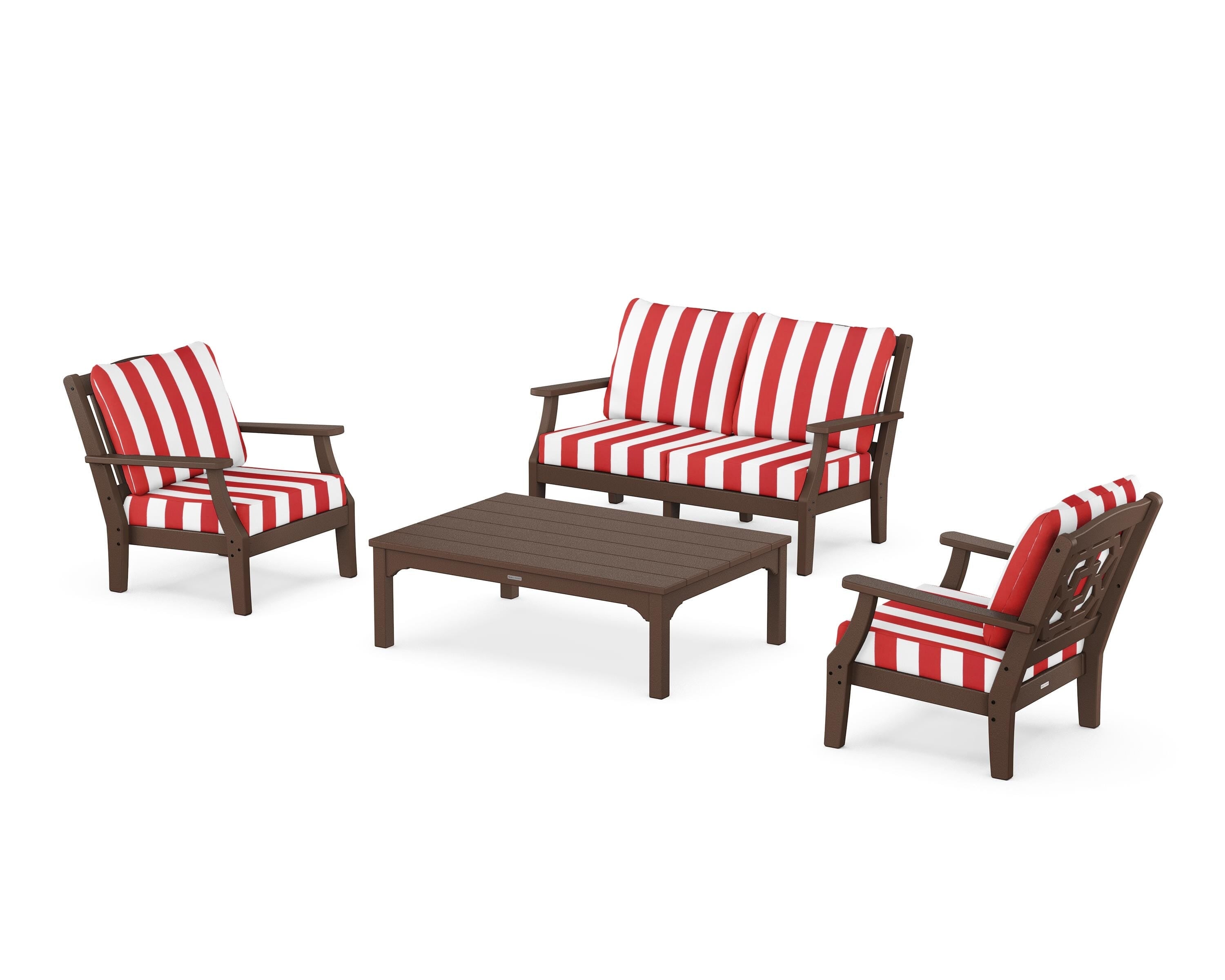 Martha Stewart by POLYWOOD® Chinoiserie 4-Piece Deep Seating Set with Loveseat in Mahogany / Cabana Stripe Crimson