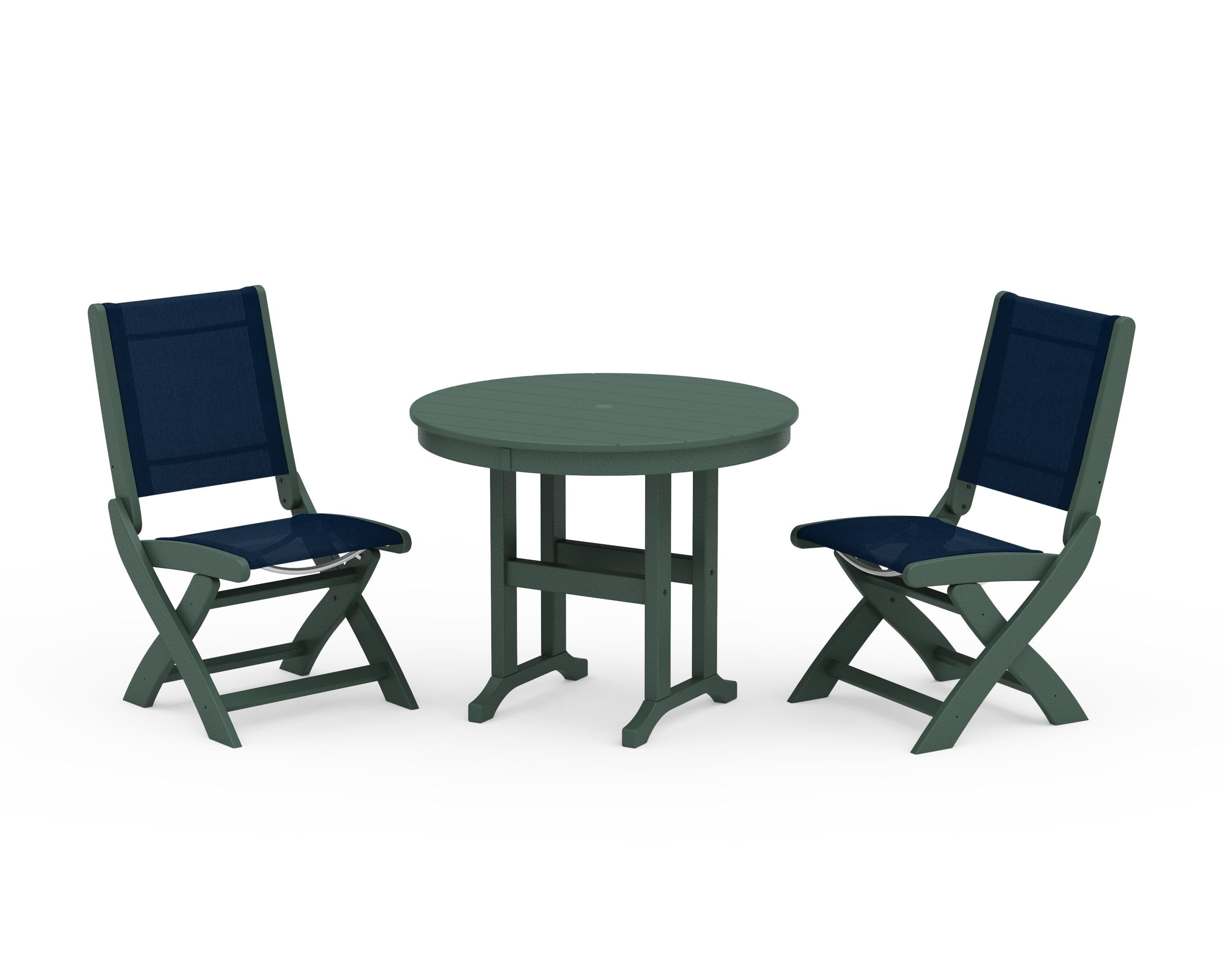POLYWOOD® Coastal Folding Side Chair 3-Piece Round Dining Set in Green / Navy Blue Sling