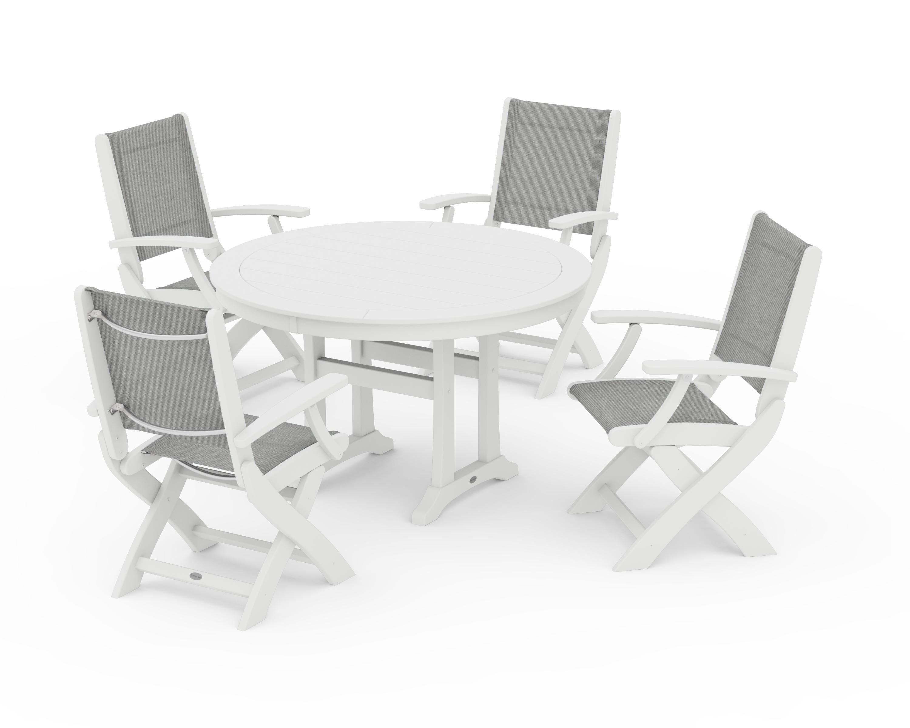 POLYWOOD® Coastal Folding Chair 5-Piece Round Dining Set with Trestle Legs in White / Metallic Sling