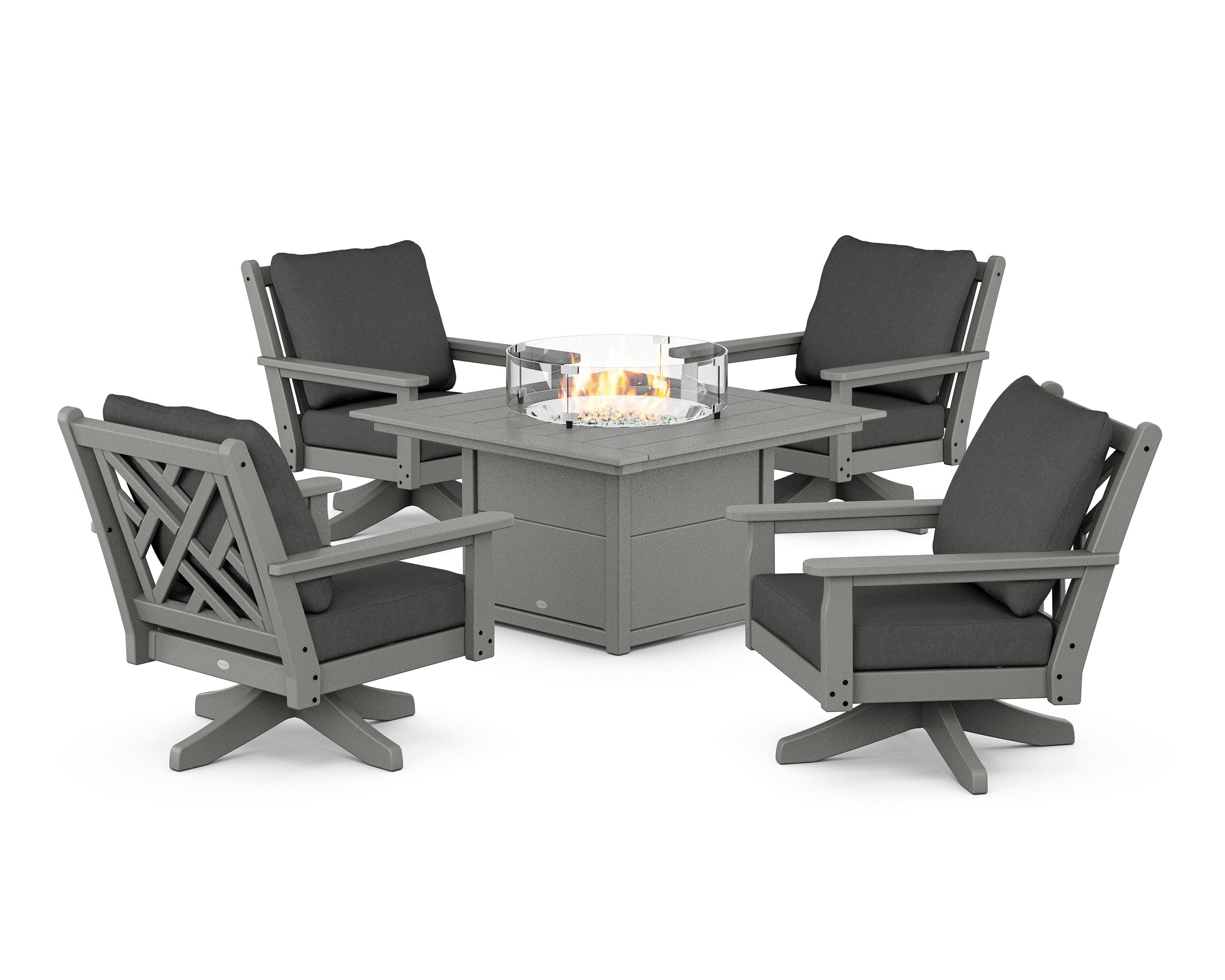 POLYWOOD® Chippendale 5-Piece Deep Seating Swivel Conversation Set with Fire Pit Table in Slate Grey / Spectrum Carbon