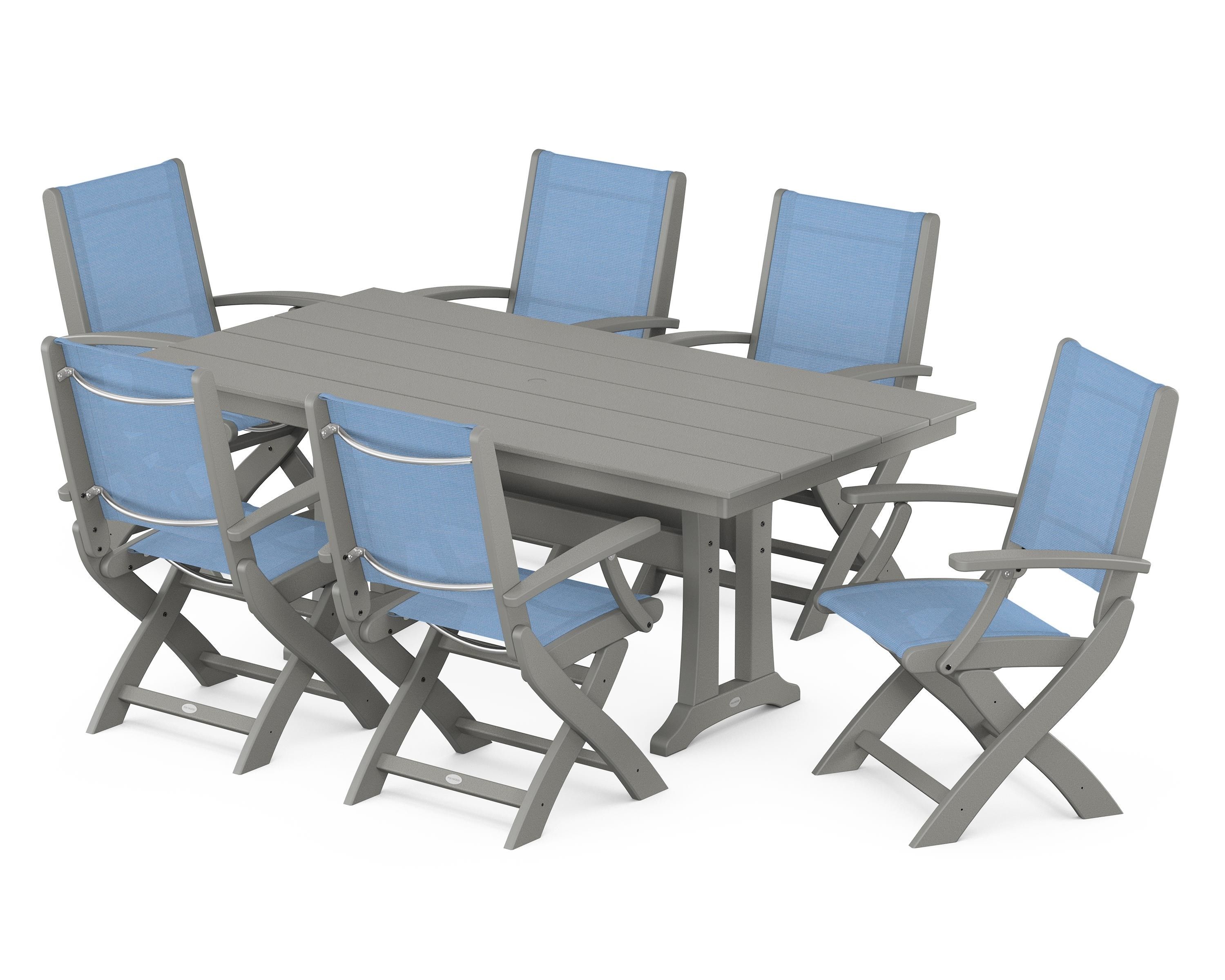 POLYWOOD® Coastal Folding Arm Chair 7-Piece Farmhouse Dining Set with Trestle Legs in Slate Grey / Poolside Sling
