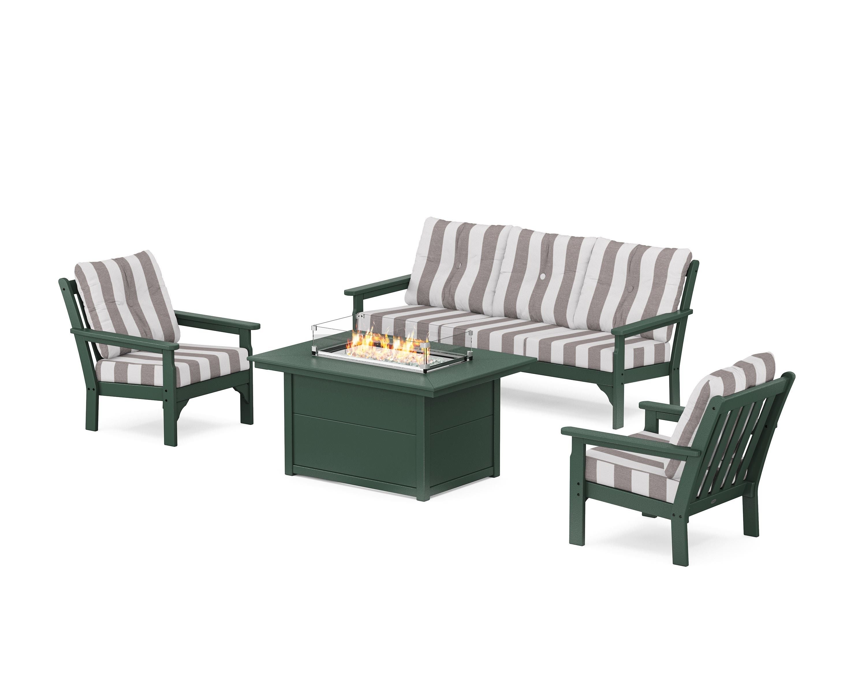 POLYWOOD® Vineyard Deep Seating Fire Pit Table Set in Green / Cabana Stripe Grey Mist