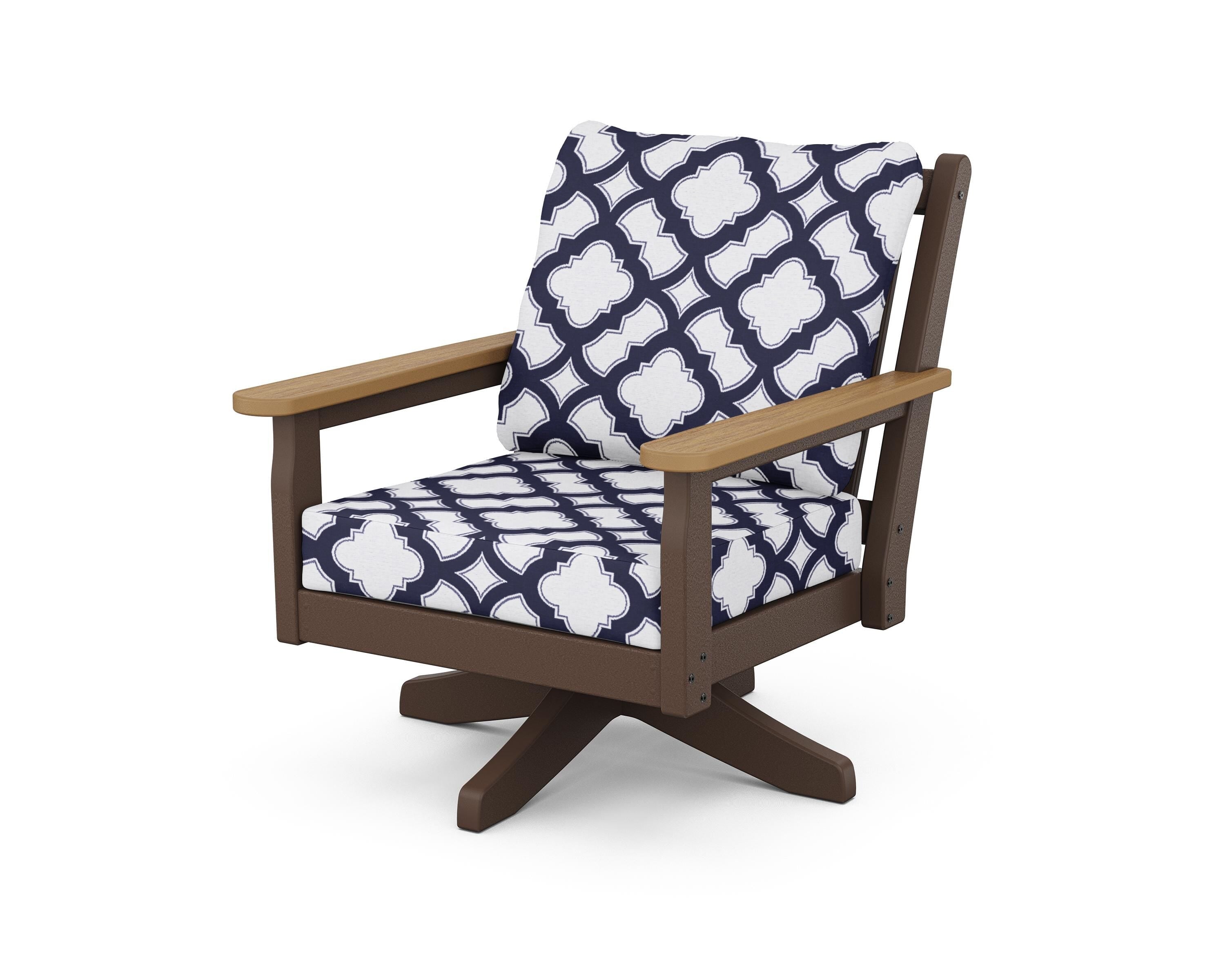 POLYWOOD® Chippendale Deep Seating Swivel Chair in Mahogany / Natural / Trellis Navy
