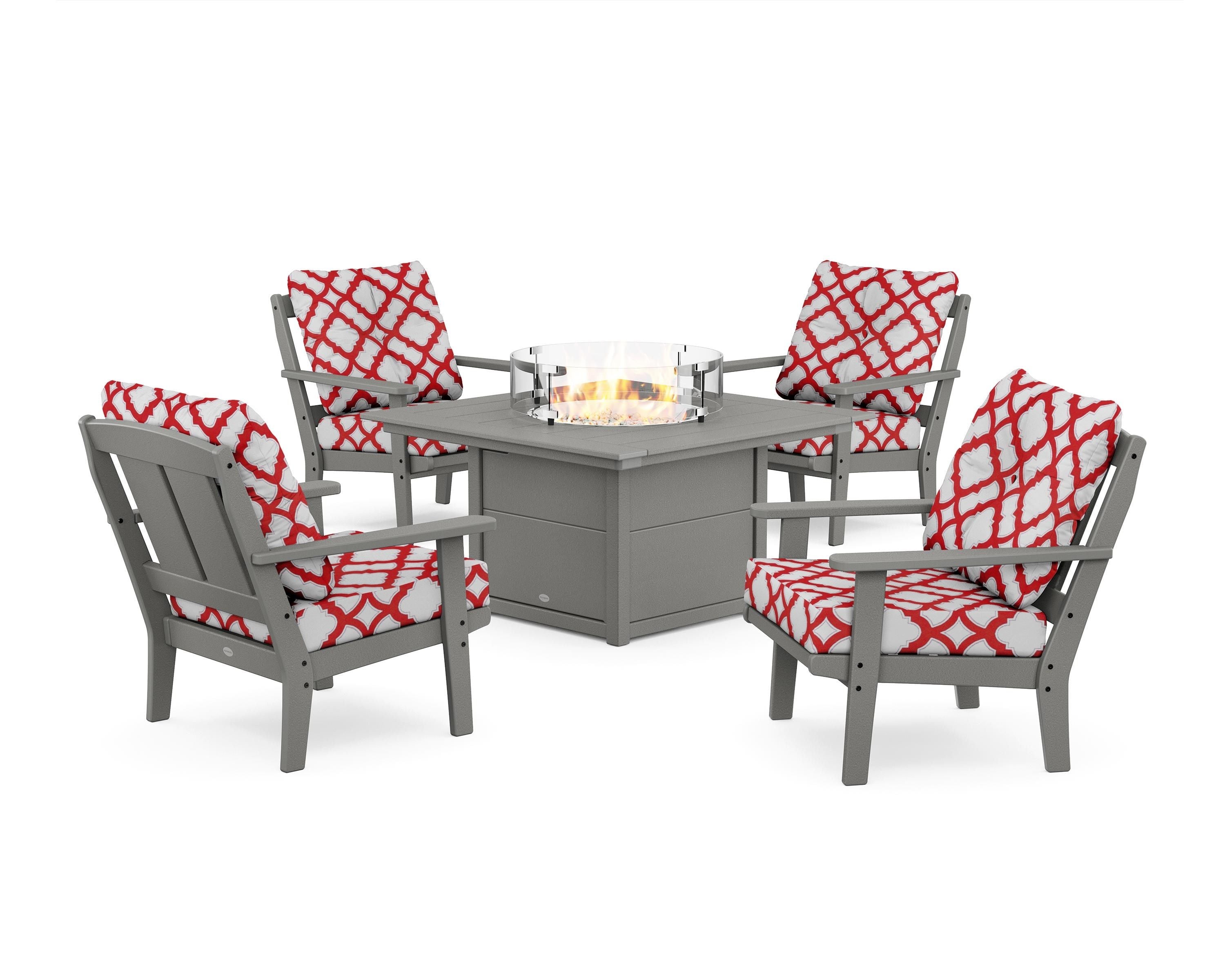 POLYWOOD® Mission 5-Piece Deep Seating Set with Fire Pit Table in Slate Grey / Trellis Crimson