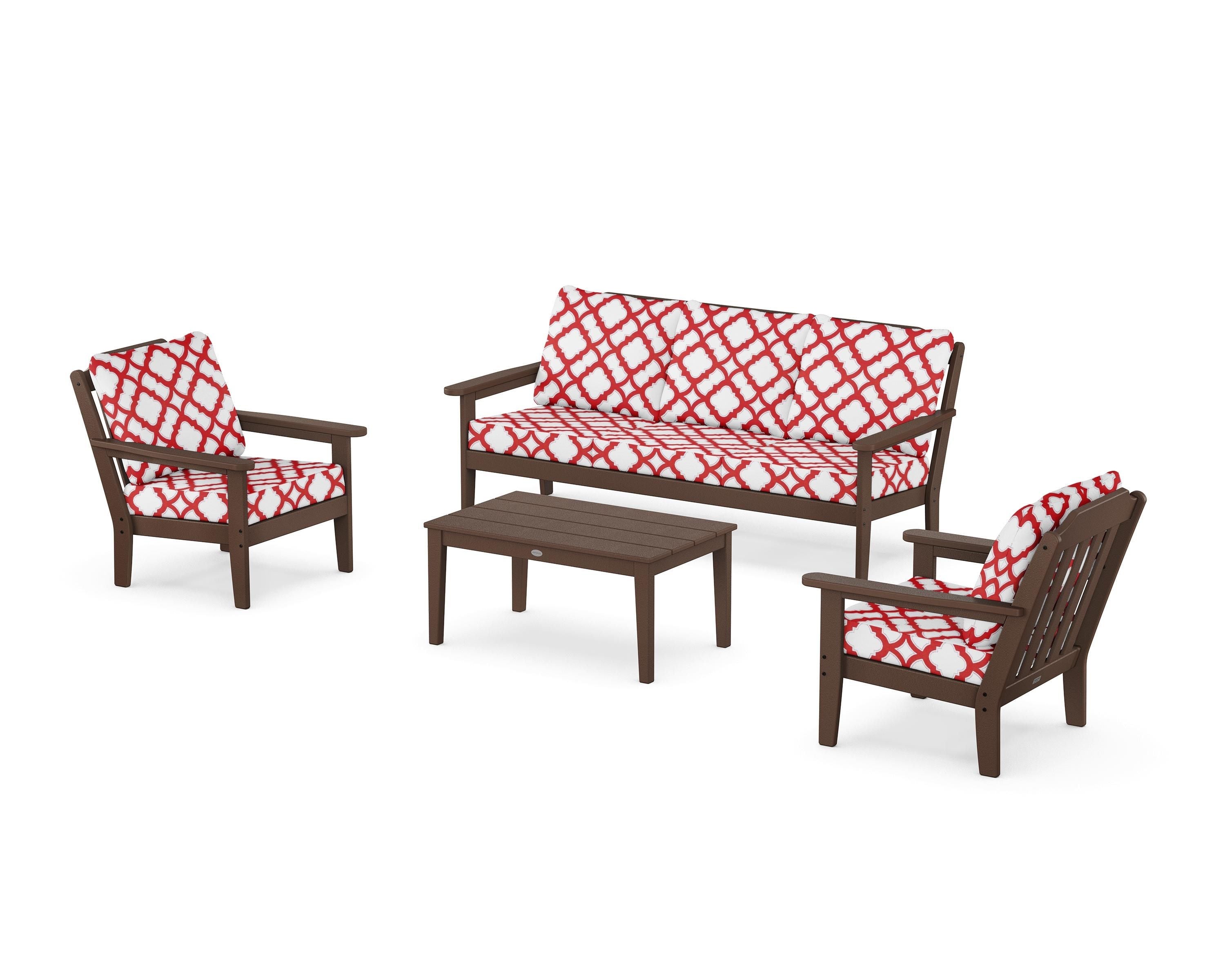 Country Living Cottage 4-Piece Deep Seating Set with Sofa in Mahogany / Trellis Crimson