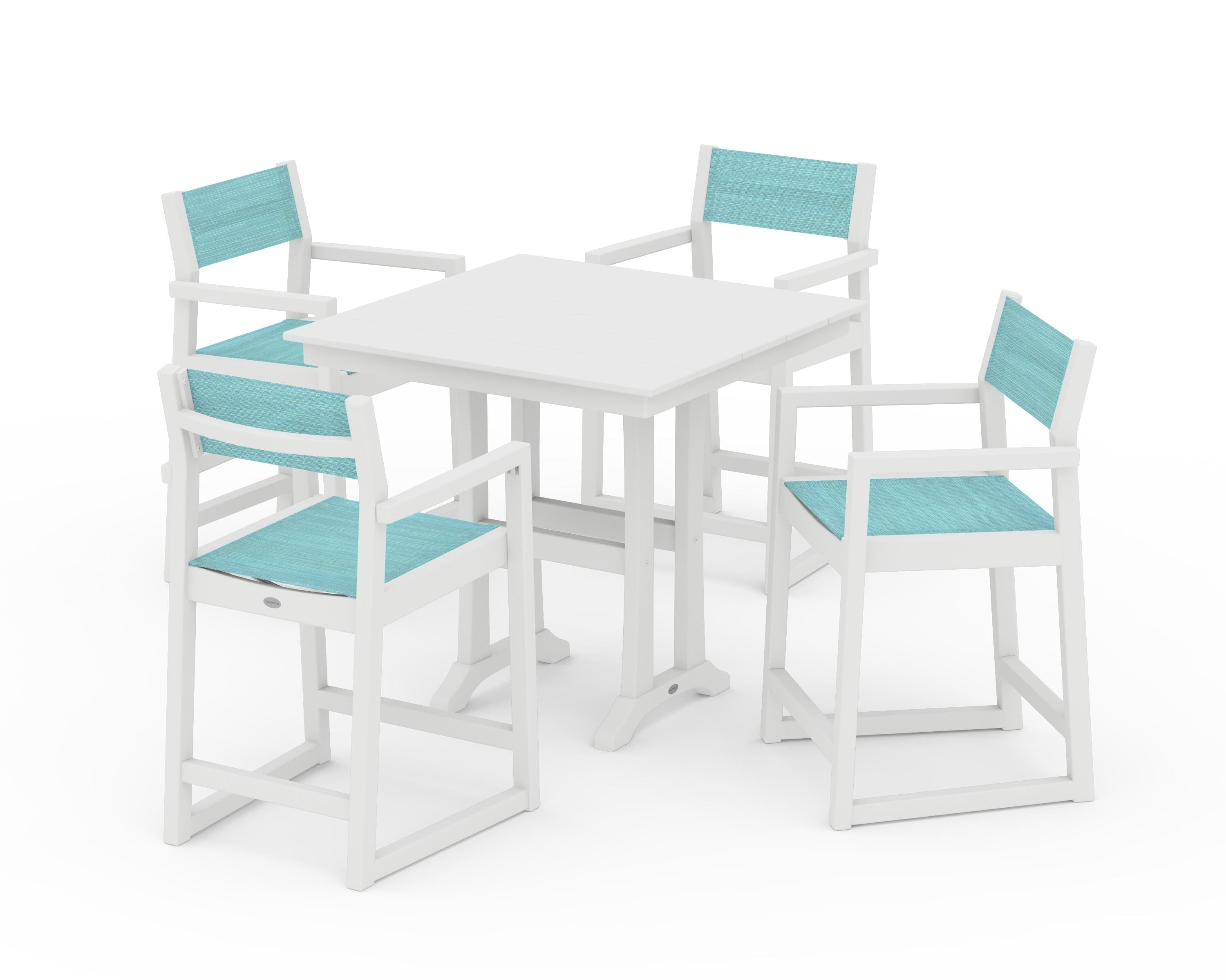 POLYWOOD® EDGE Sling Arm Chair 5-Piece Farmhouse Counter Set with Trestle Legs in White / Dupioni Aquamarine Sling