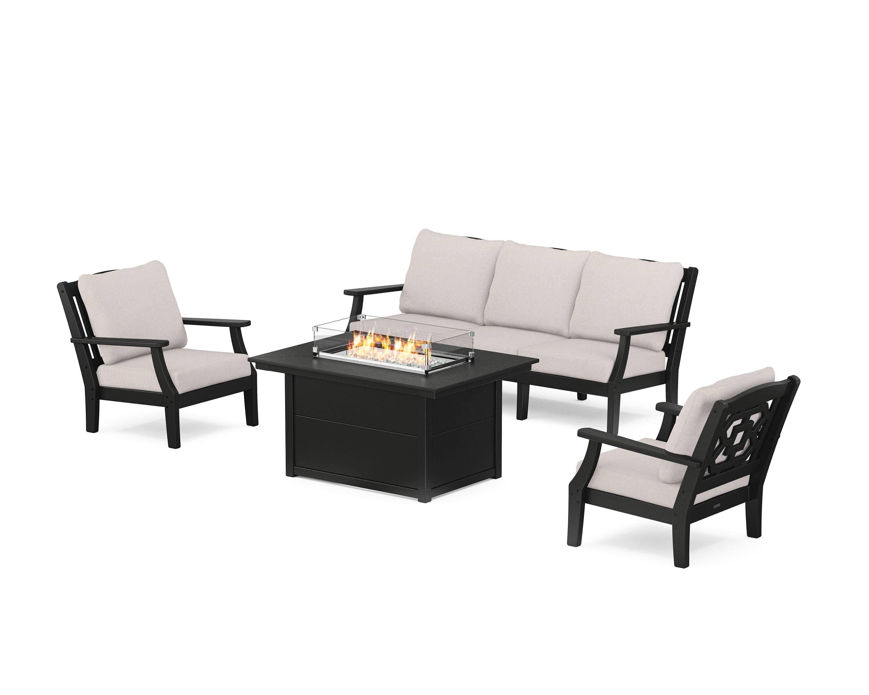 Martha Stewart by POLYWOOD® Chinoiserie Deep Seating Fire Pit Table Set in Black / Dune Burlap