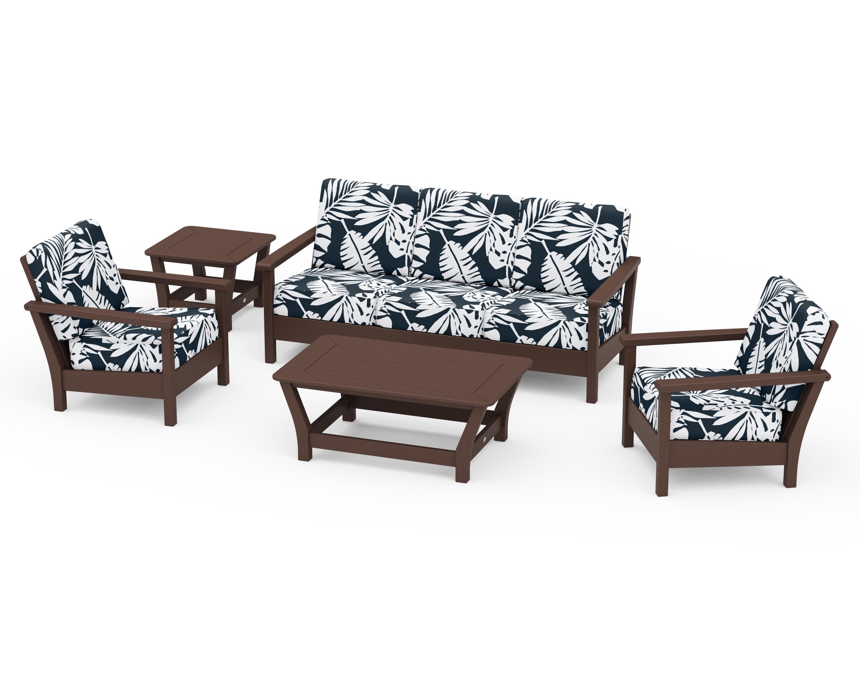 POLYWOOD® Harbour 5-Piece Deep Seating Set in Mahogany / Leaf Marine Indigo