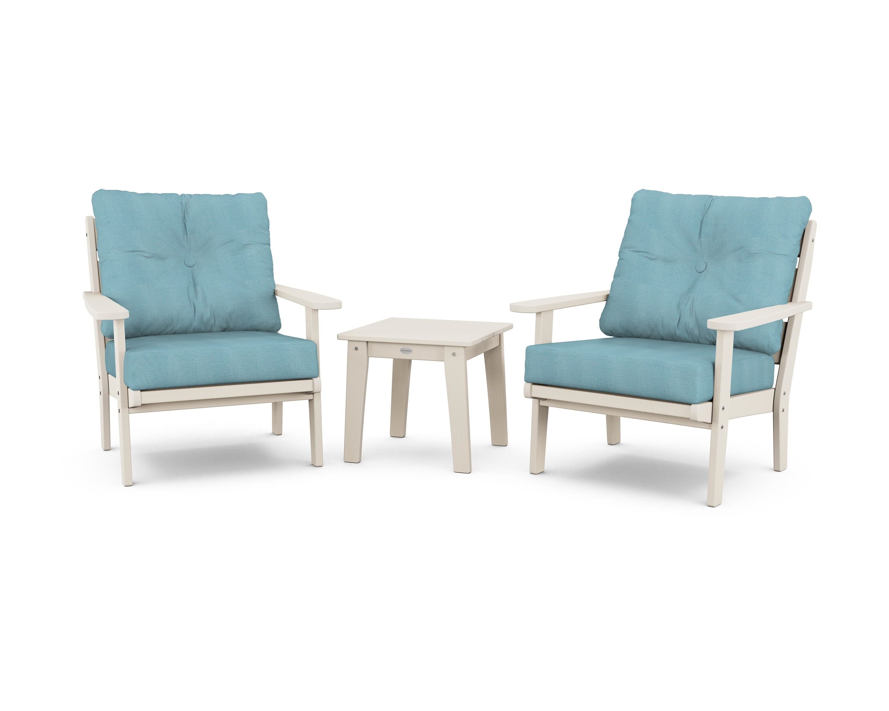 POLYWOOD® Lakeside 3-Piece Deep Seating Chair Set in Sand / Lattice Sky Blue