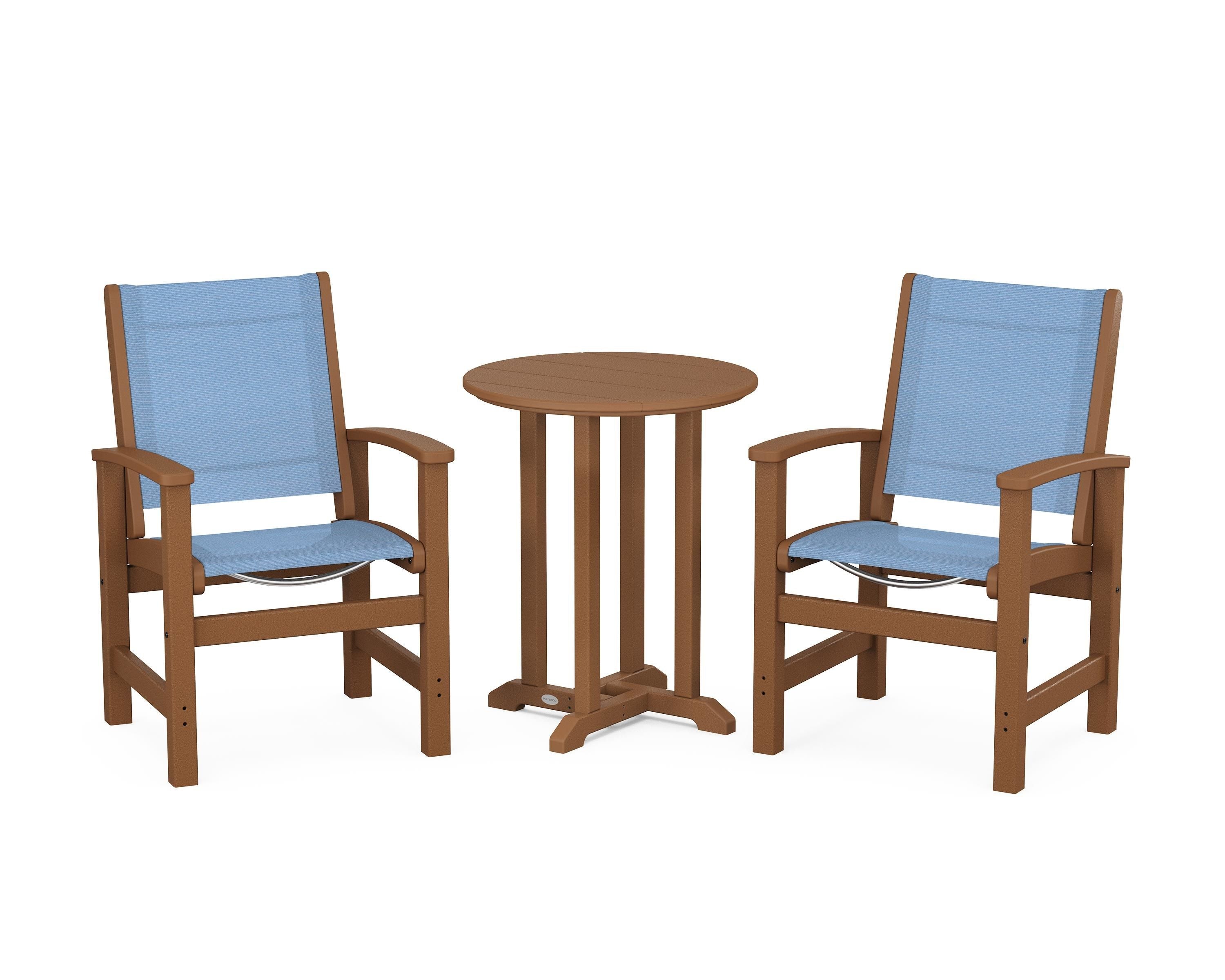 POLYWOOD® Coastal 3-Piece Round Bistro Dining Set in Teak / Poolside Sling