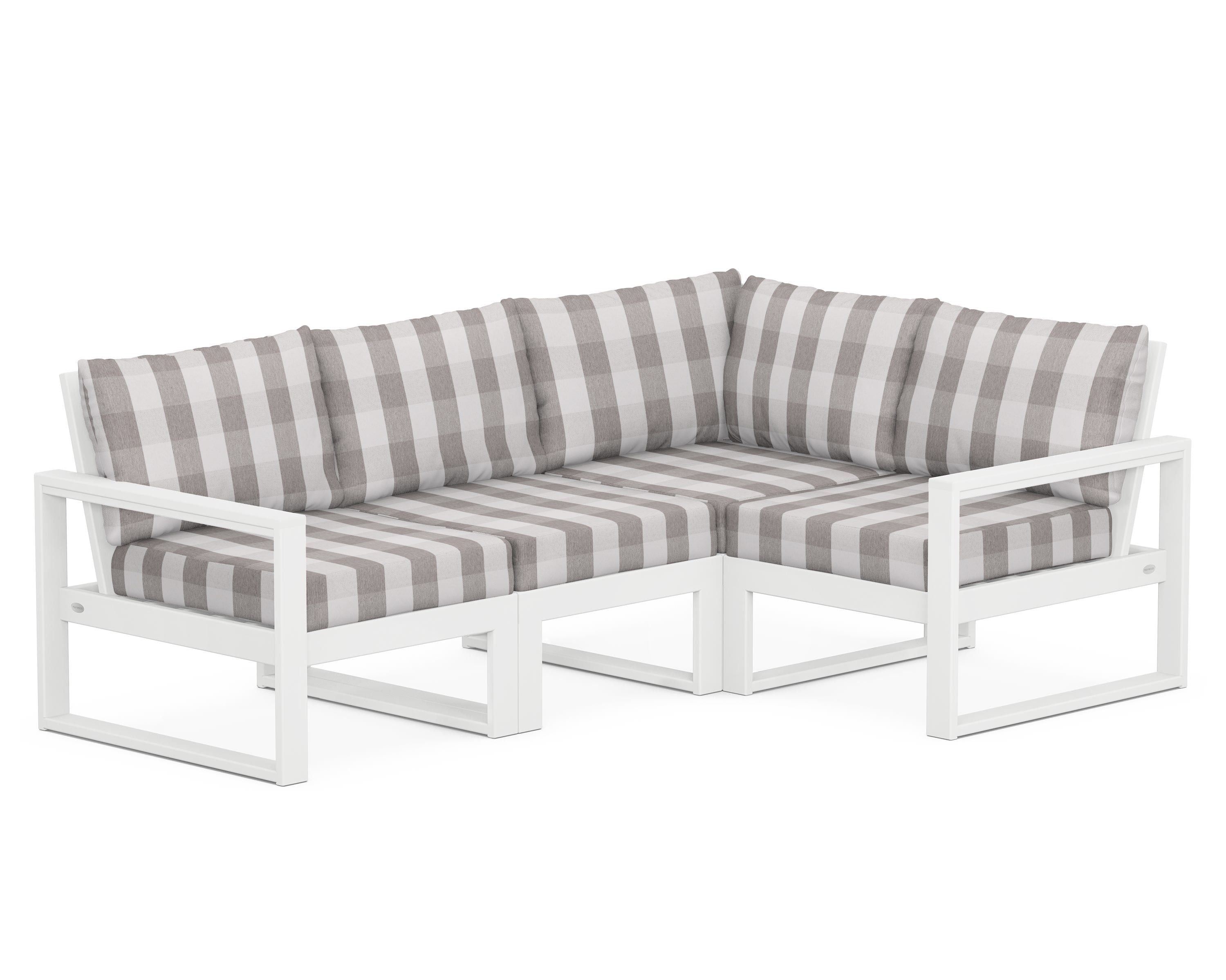 POLYWOOD® EDGE 4-Piece Modular Deep Seating Set in White / Buffalo Plaid Grey Mist