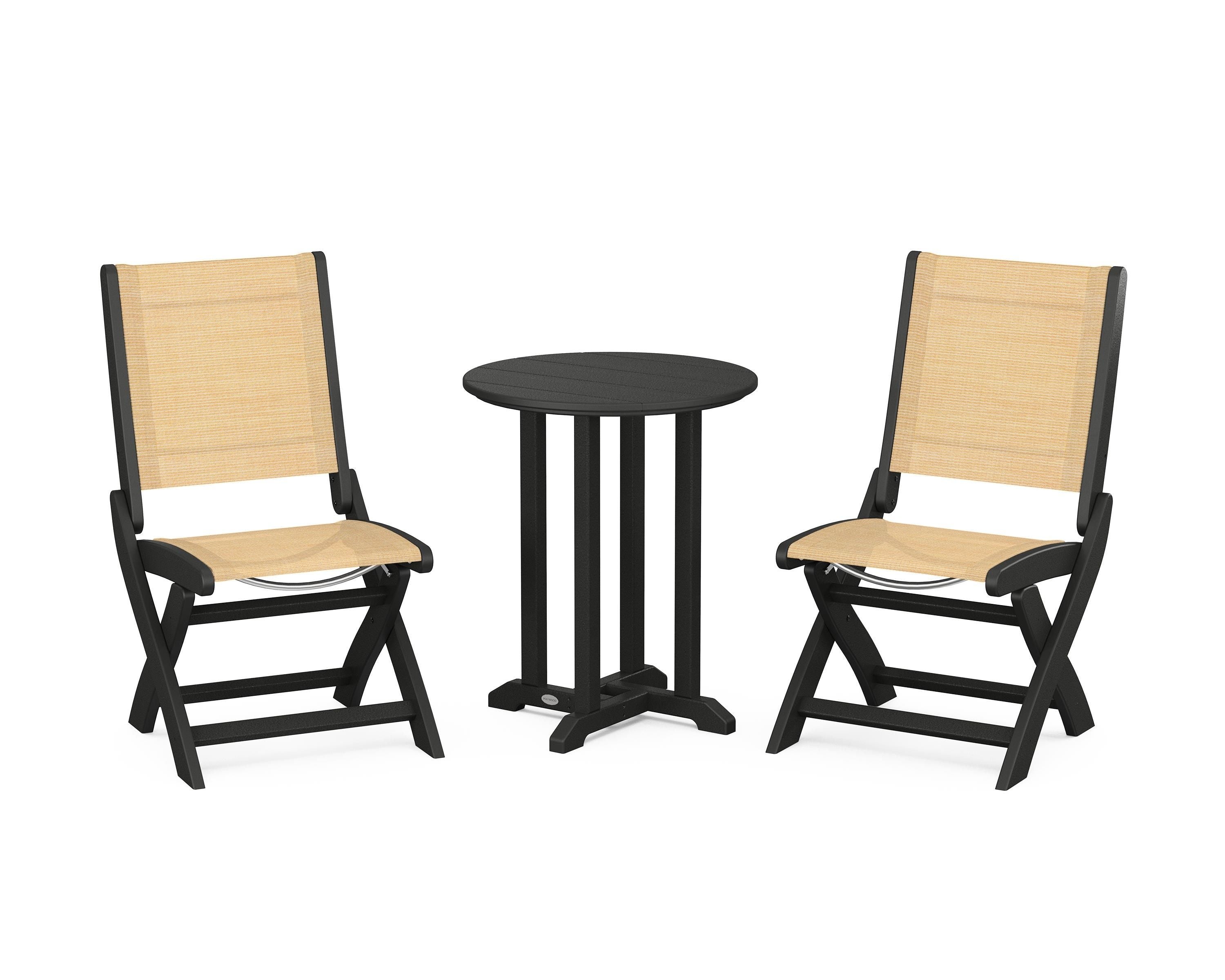 POLYWOOD® Coastal Folding Side Chair 3-Piece Round Bistro Dining Set in Black / Dupioni Apricot Sling