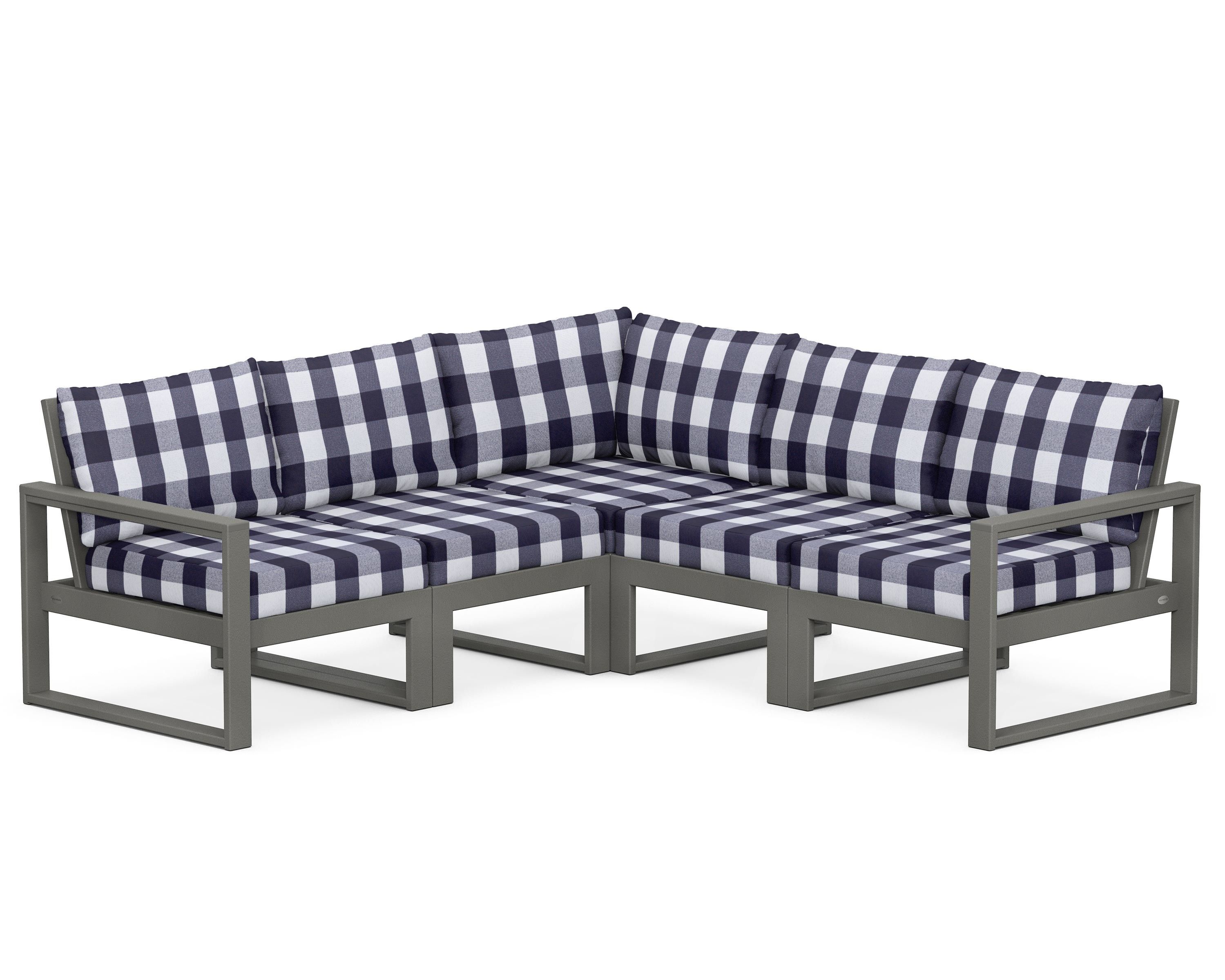 POLYWOOD® EDGE 5-Piece Modular Deep Seating Set in Slate Grey / Buffalo Plaid Navy