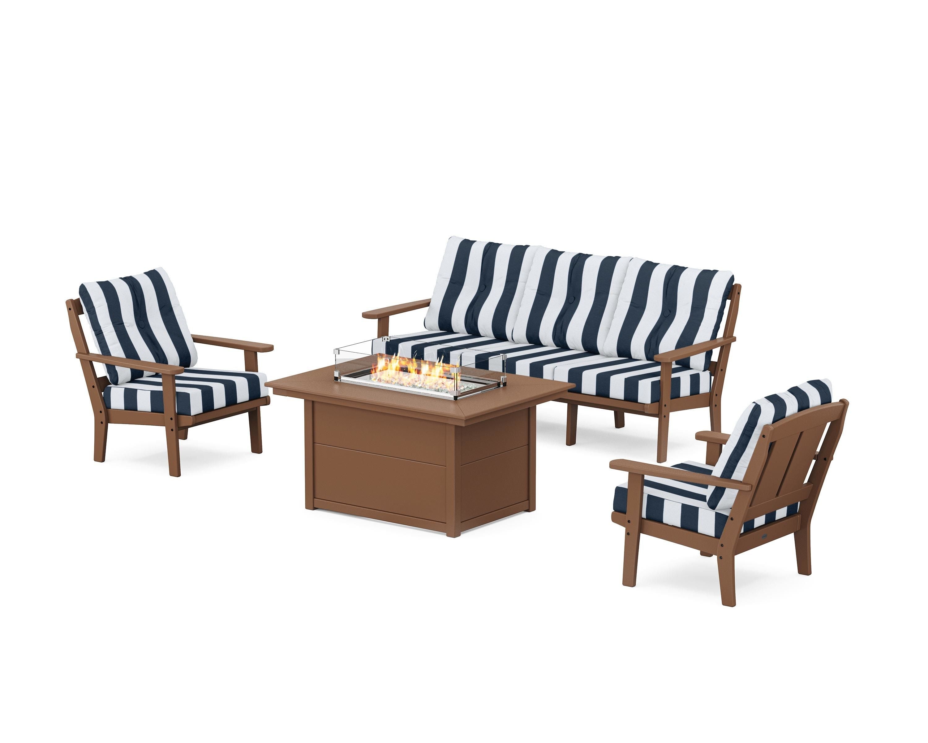 POLYWOOD® Mission Deep Seating Fire Pit Table Set in Teak / Cabana Stripe Marine Indigo