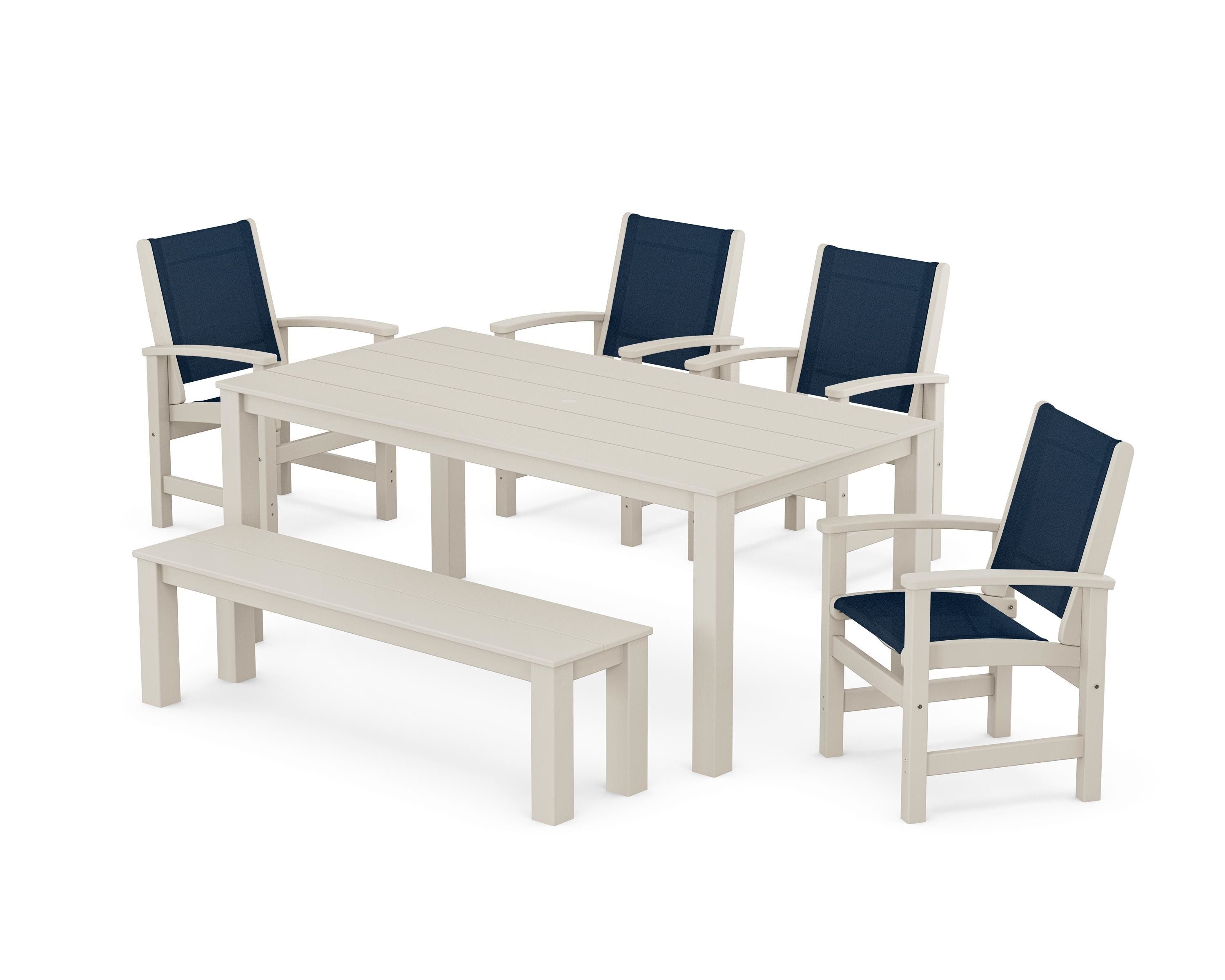 POLYWOOD® Coastal 6-Piece Parsons Dining Set with Bench in Sand / Navy Blue Sling