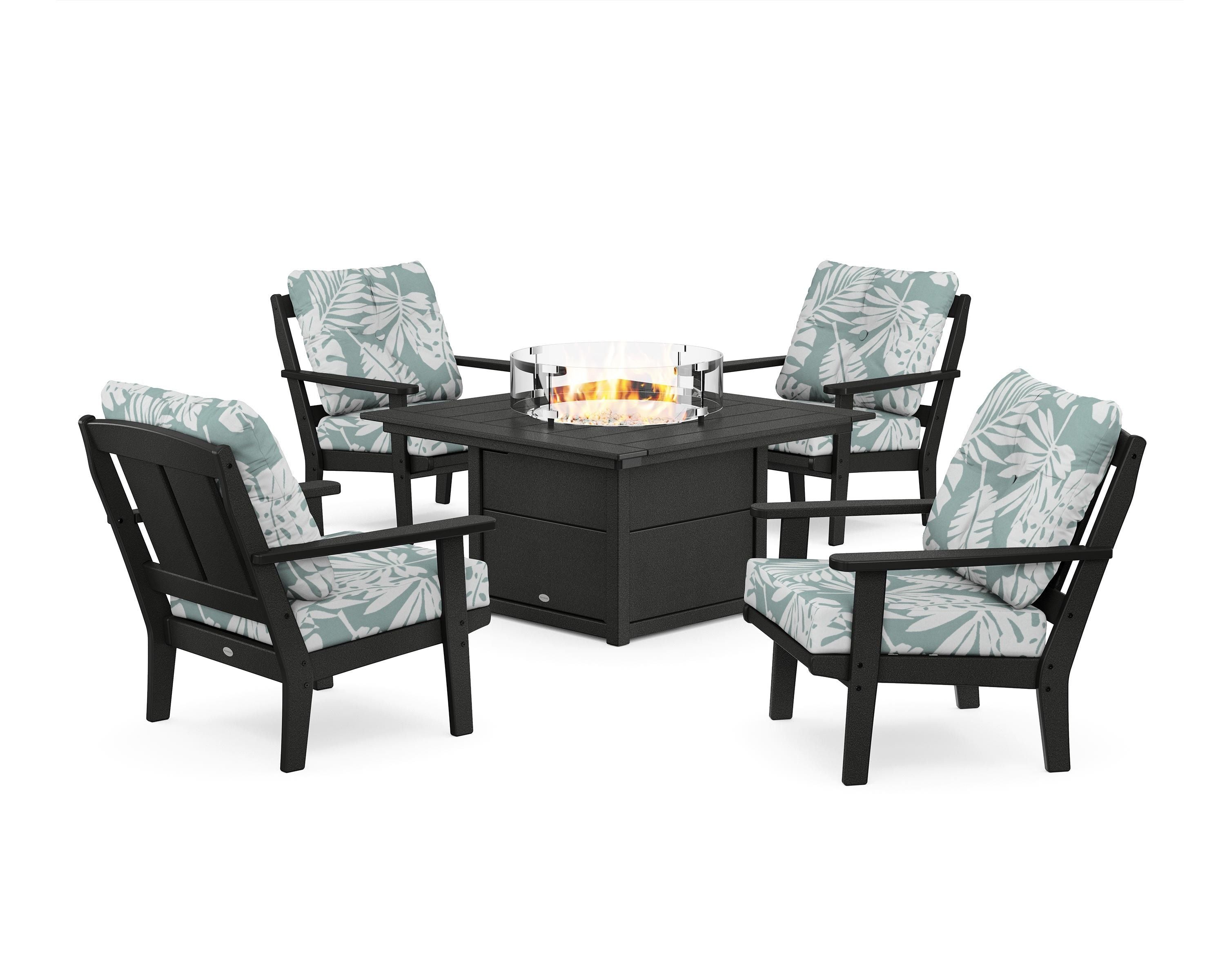 POLYWOOD® Mission 5-Piece Deep Seating Set with Fire Pit Table in Black / Leaf Glacier Spa
