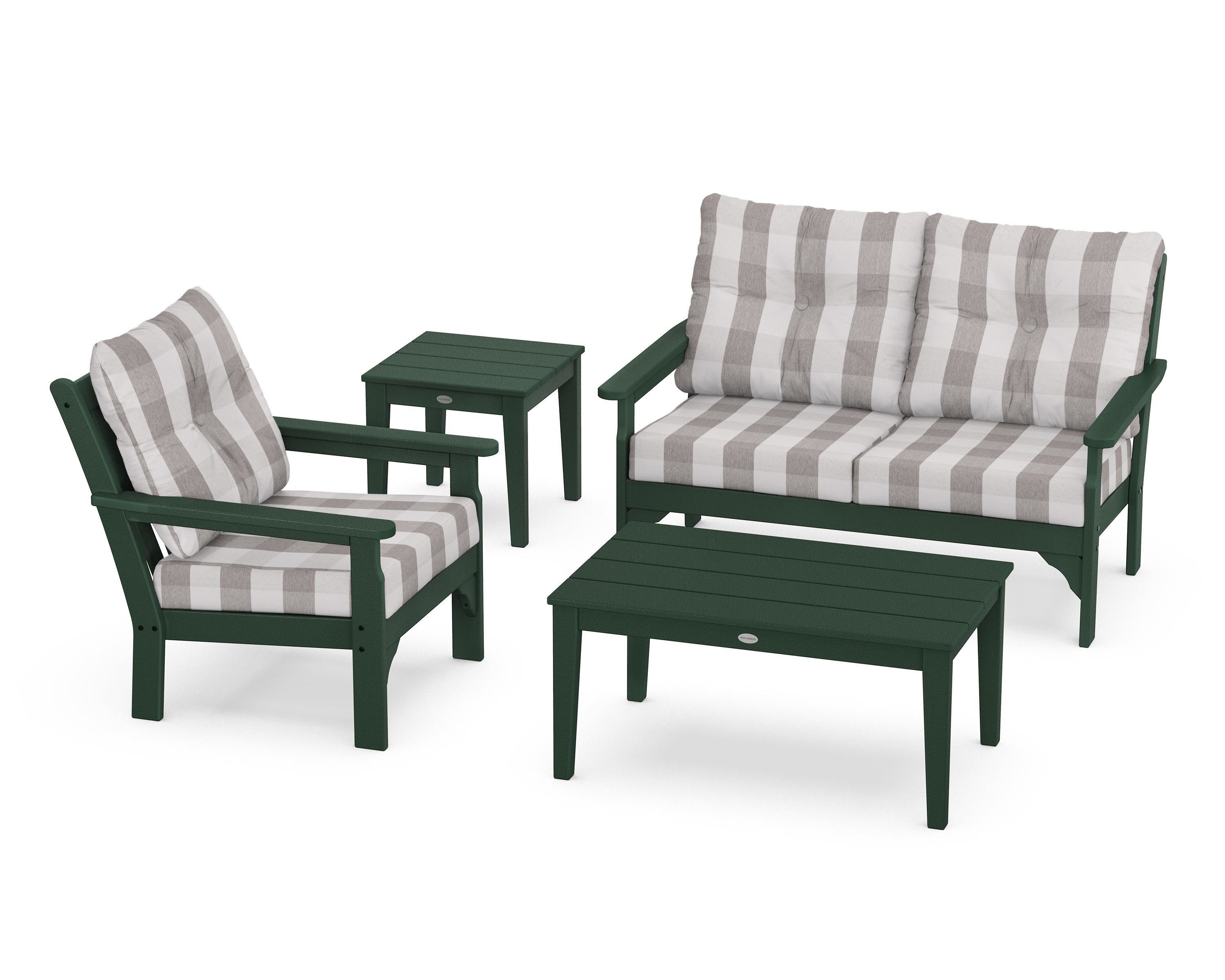 POLYWOOD® Vineyard 4-Piece Deep Seating Set in Green / Buffalo Plaid Grey Mist