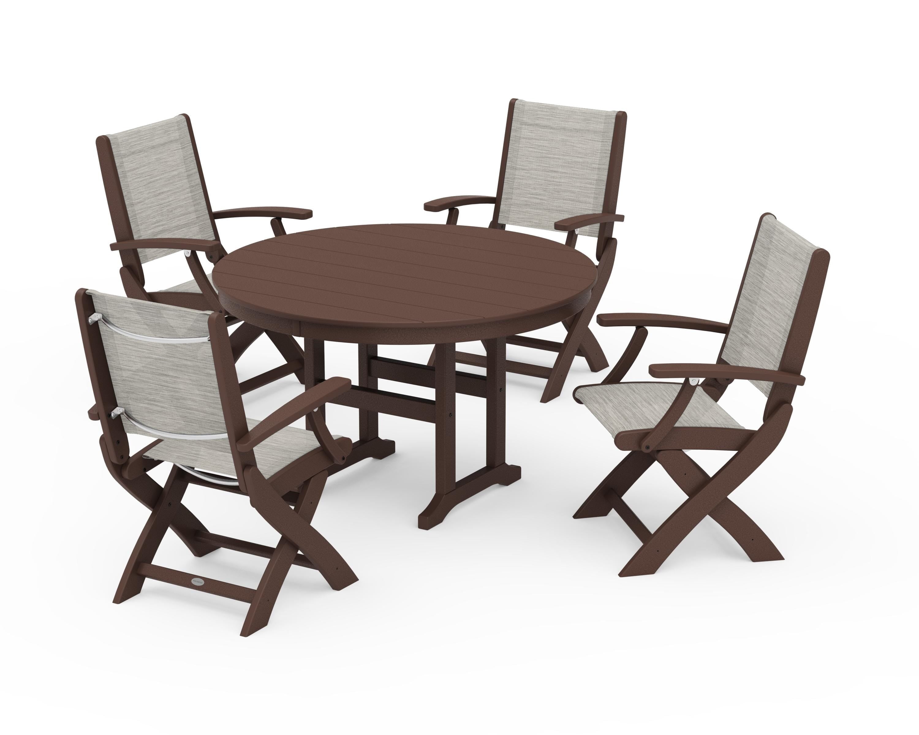 POLYWOOD® Coastal Folding Chair 5-Piece Round Dining Set in Mahogany / Birch Sling