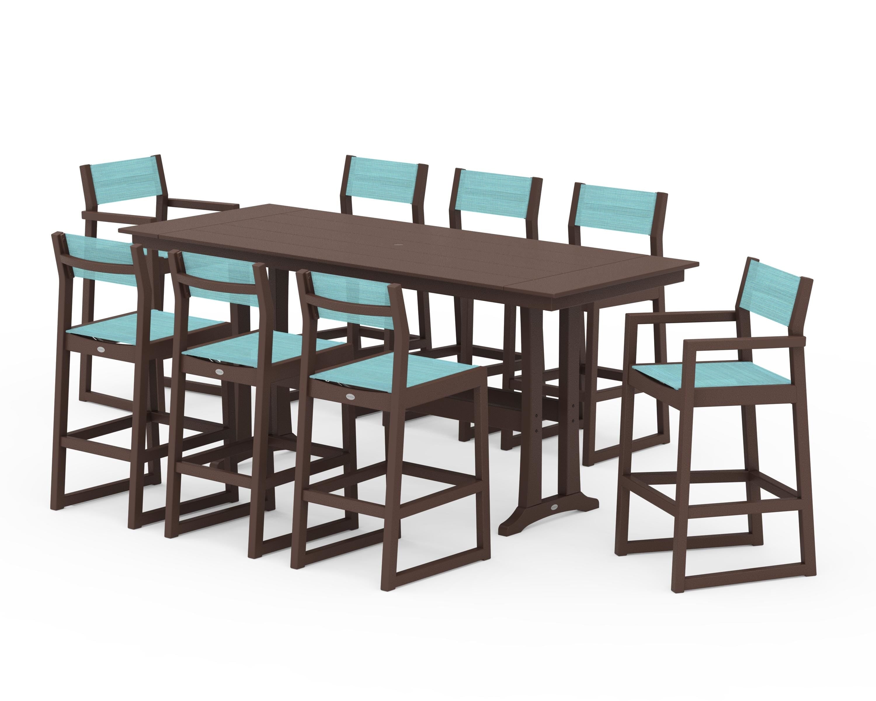 POLYWOOD® EDGE Sling 9-Piece Farmhouse Bar Set with Trestle Legs in Mahogany / Dupioni Aquamarine Sling