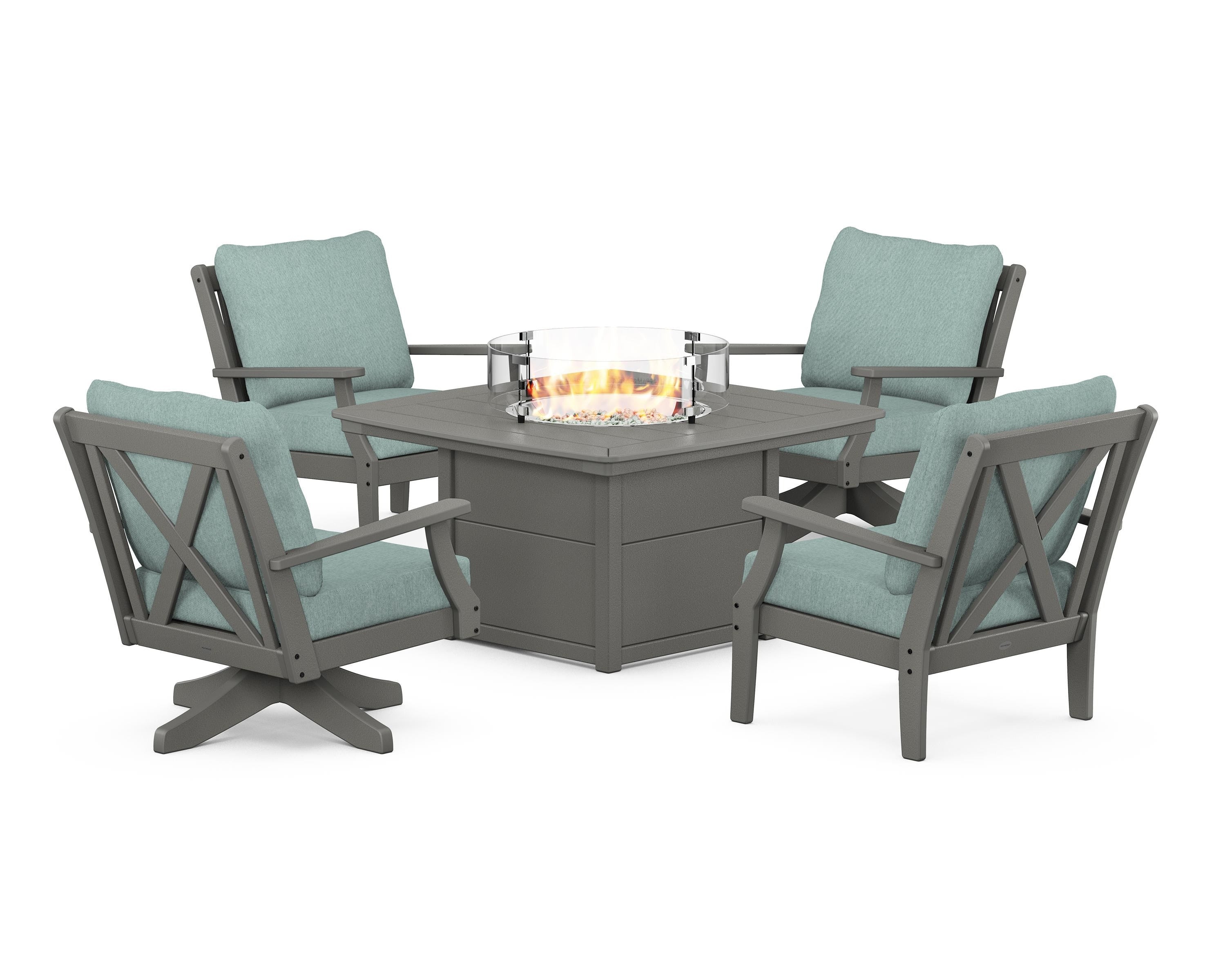 POLYWOOD® Braxton 5-Piece Deep Seating Set with Fire Table in Slate Grey / Glacier Spa