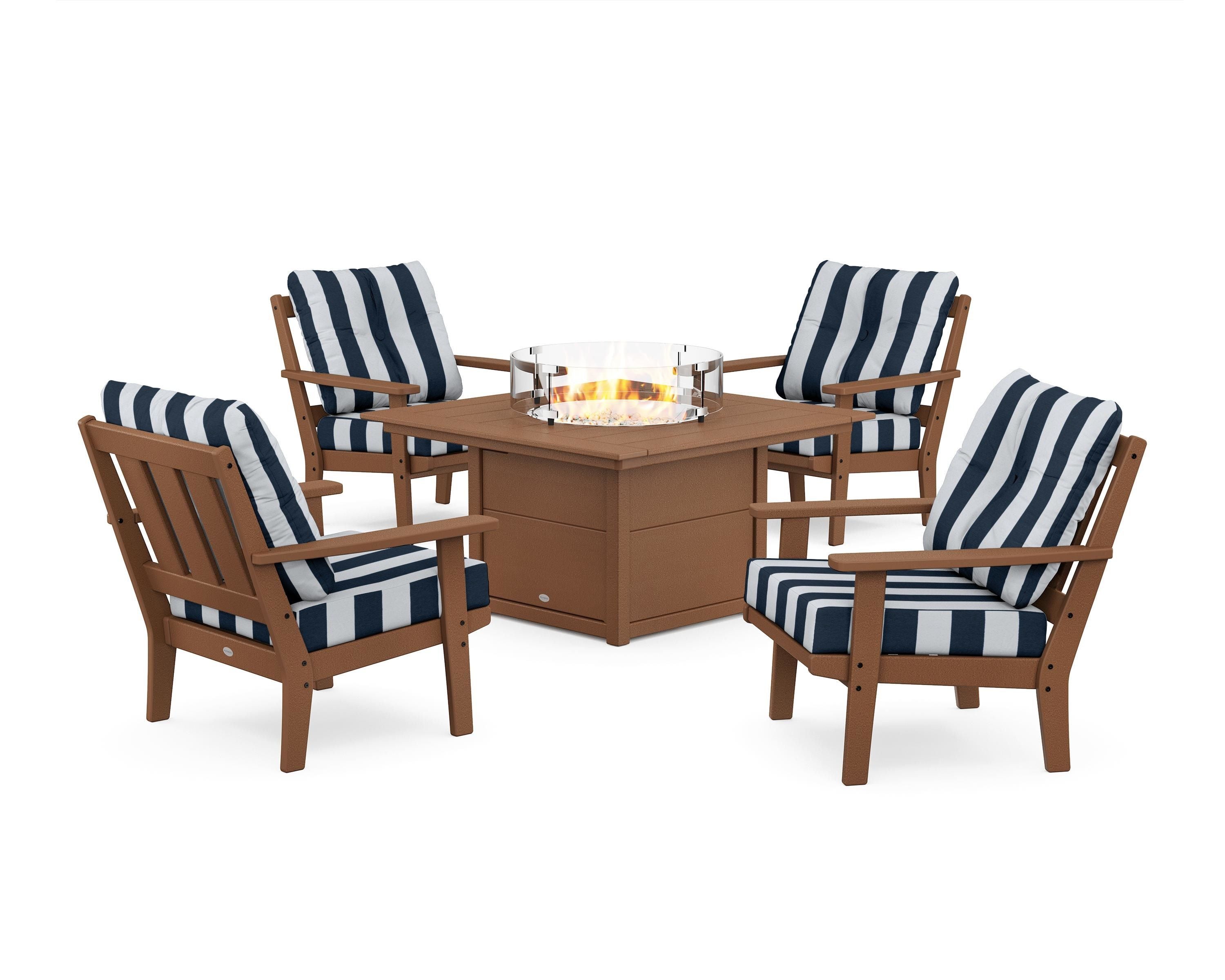 POLYWOOD® Oxford 5-Piece Deep Seating Set with Fire Pit Table in Teak / Cabana Stripe Marine Indigo