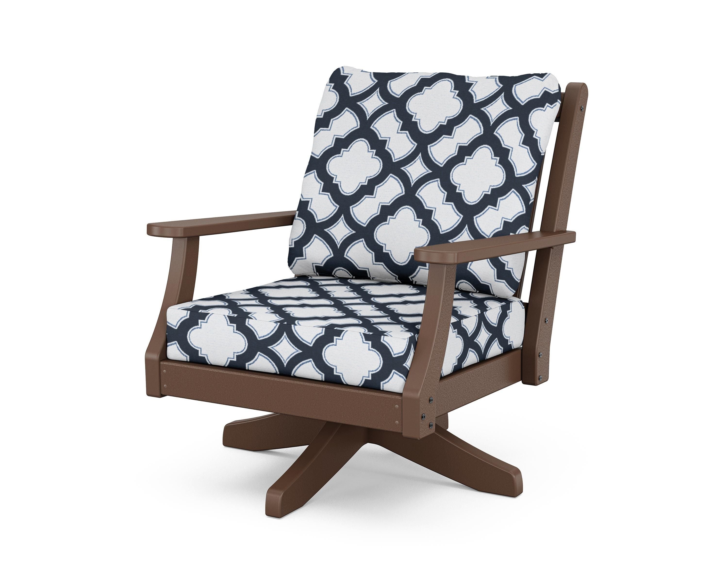 Country Living Wovendale Deep Seating Swivel Chair in Mahogany / Trellis Marine Indigo