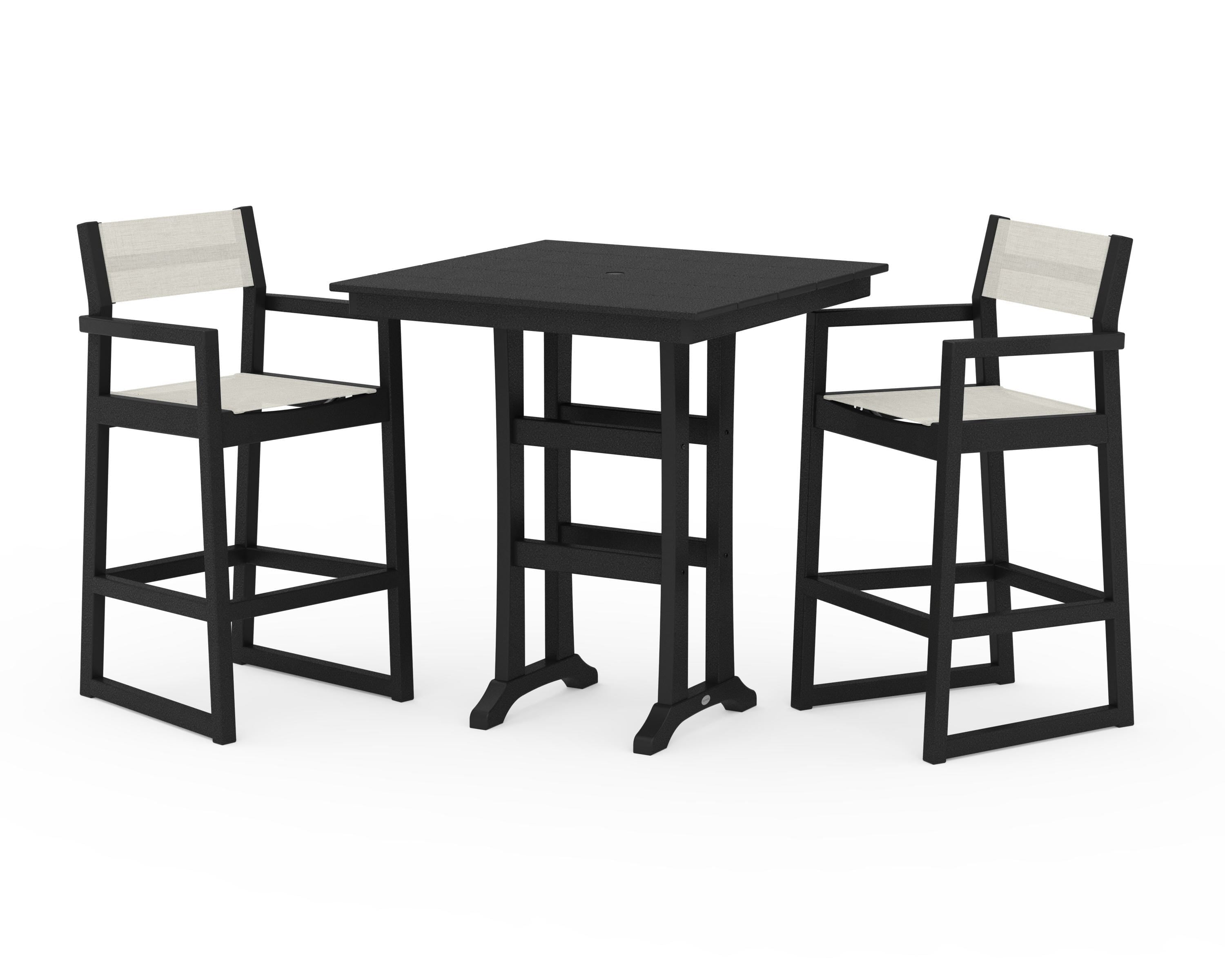 POLYWOOD® EDGE Sling Arm Chair 3-Piece Farmhouse Bar Set with Trestle Legs in Black / Parchment Sling