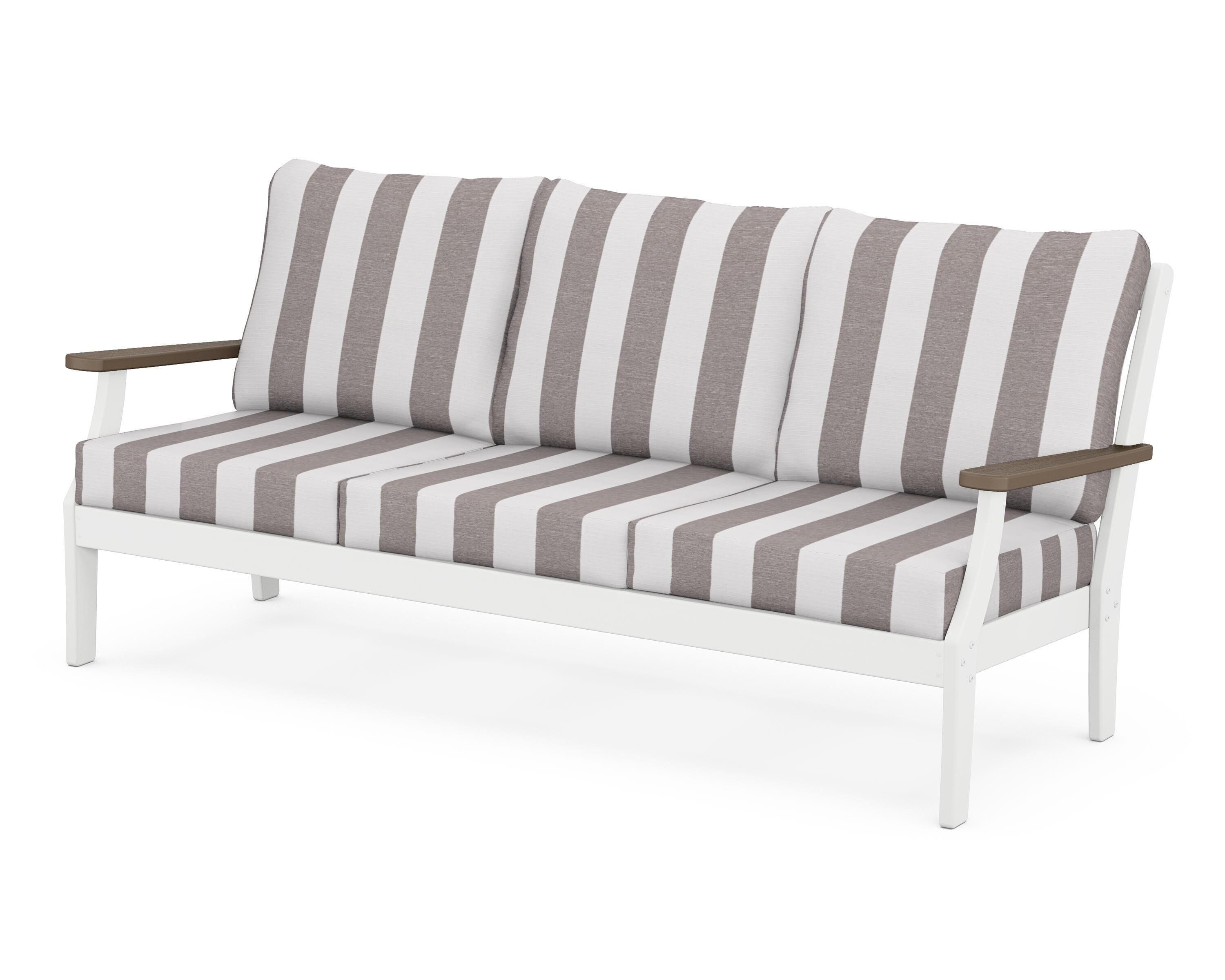 POLYWOOD® Braxton Deep Seating Sofa in White / Kona / Cabana Stripe Grey Mist