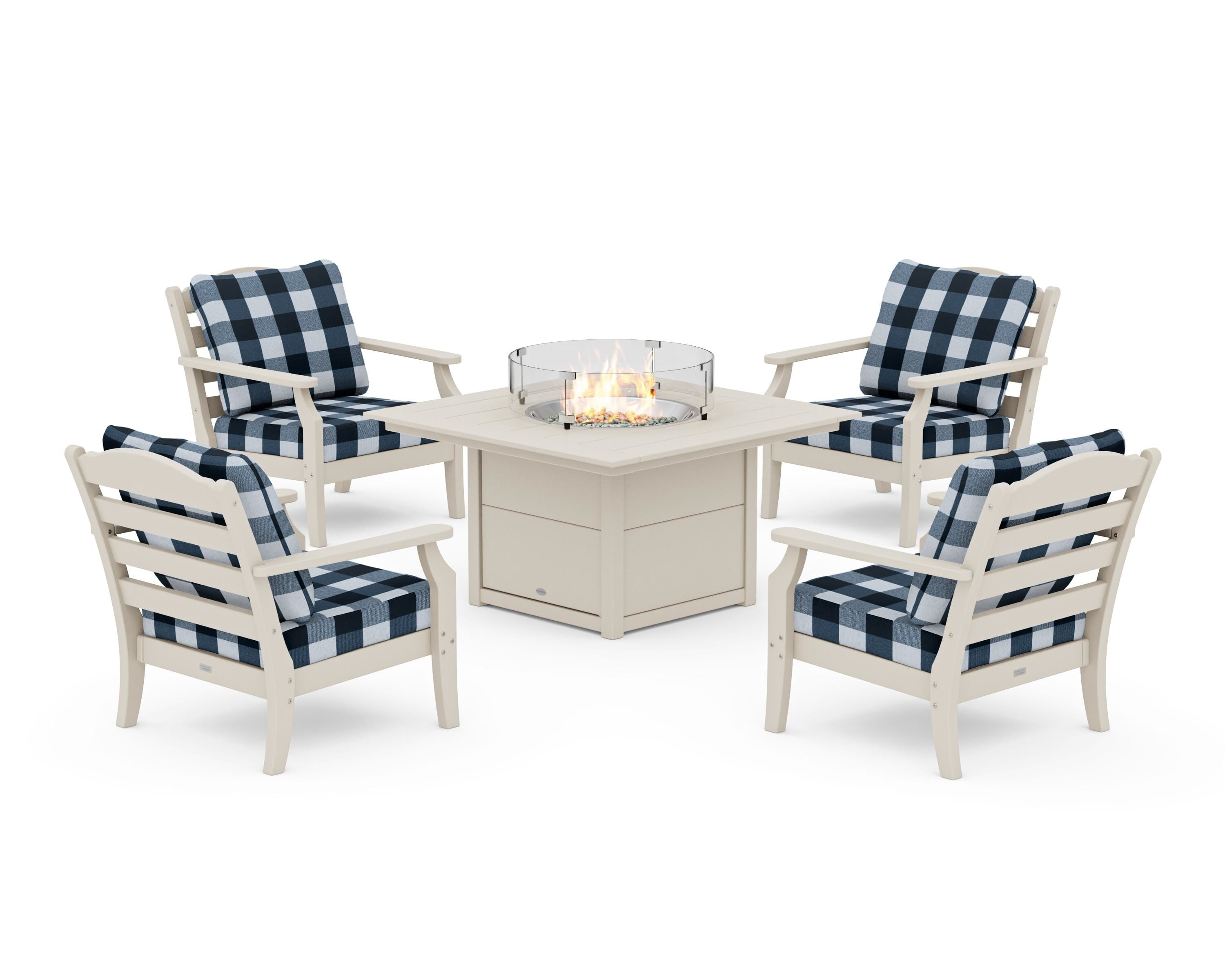Draper James™ by POLYWOOD® Savannah 5-Piece Deep Seating Set with Fire Pit Table in Sand / Buffalo Plaid Marine Indigo