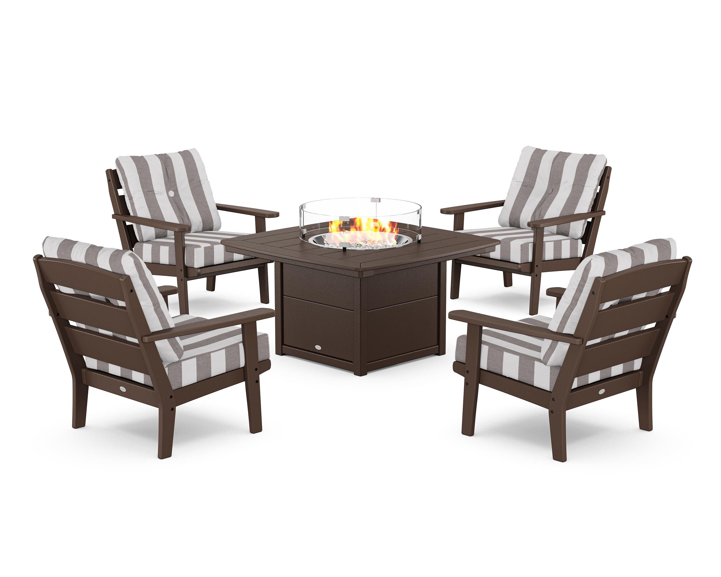 POLYWOOD® Lakeside 5-Piece Deep Seating Set with Nautical Fire Pit Table in Mahogany / Cabana Stripe Grey Mist