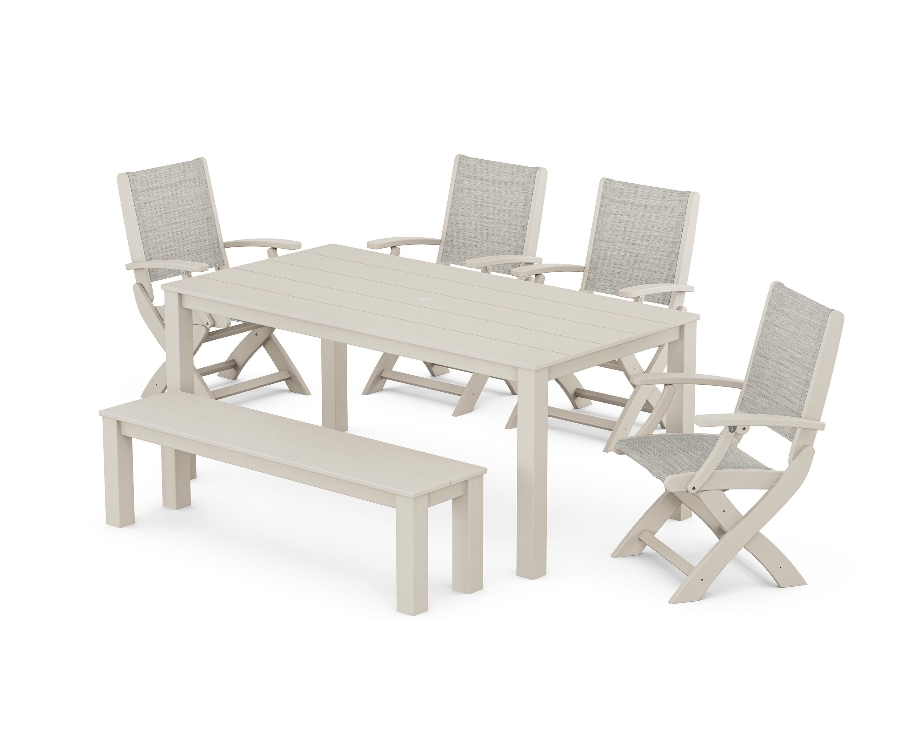 POLYWOOD® Coastal Folding Chair 6-Piece Parsons Dining Set with Bench in Sand / Birch Sling