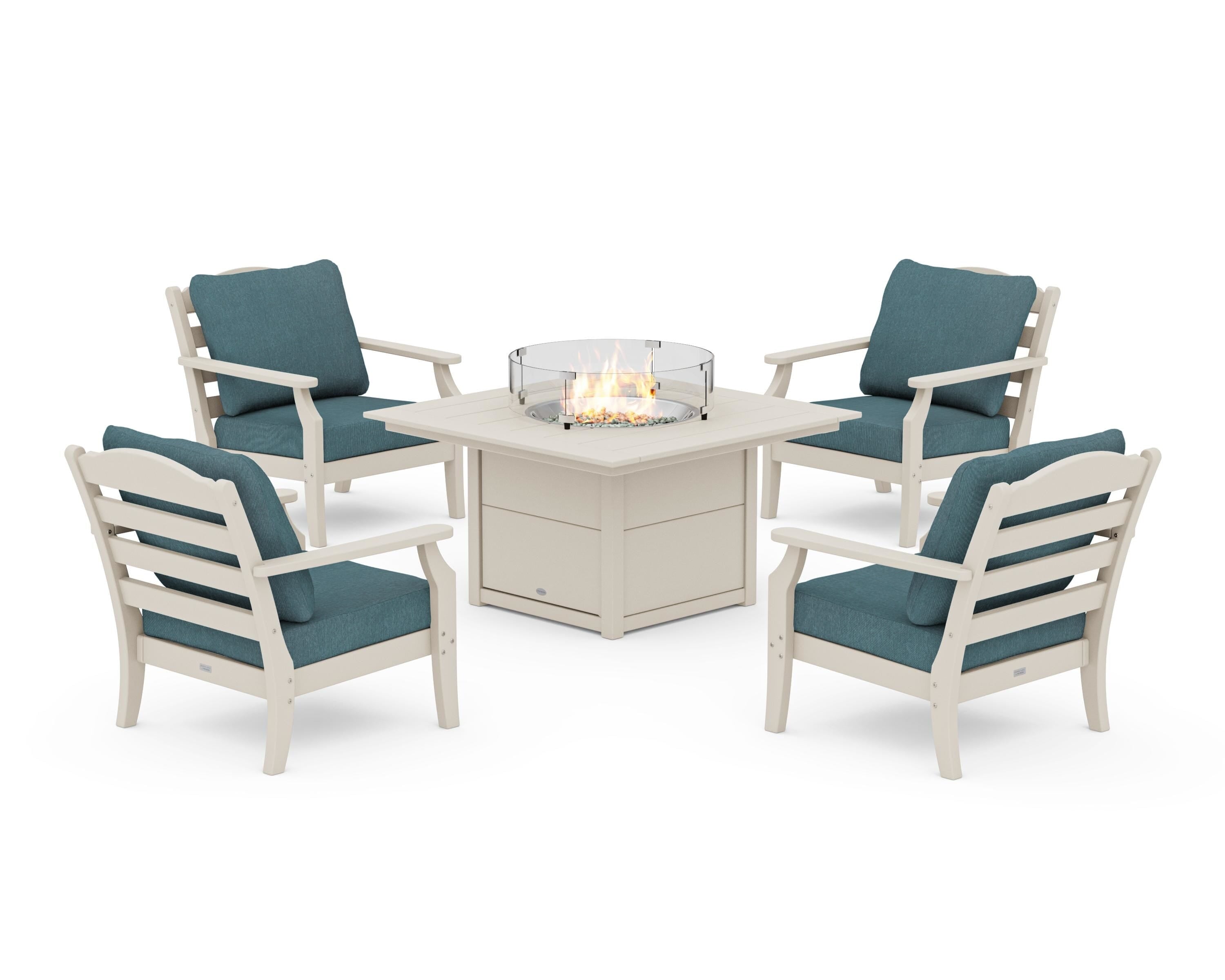Draper James™ by POLYWOOD® Savannah 5-Piece Deep Seating Set with Fire Pit Table in Sand / Ocean Teal