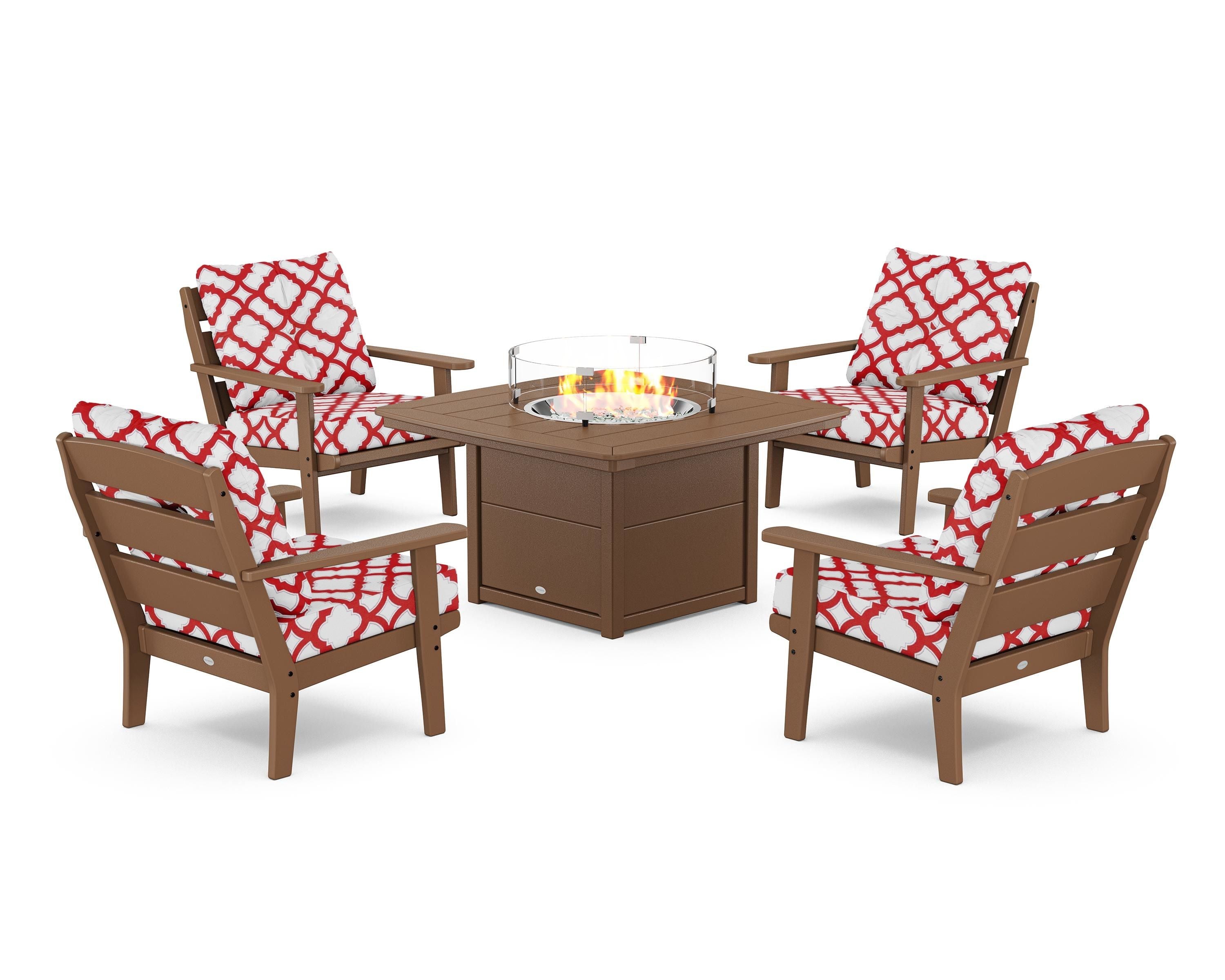 POLYWOOD® Lakeside 5-Piece Deep Seating Set with Nautical Fire Pit Table in Teak / Trellis Crimson