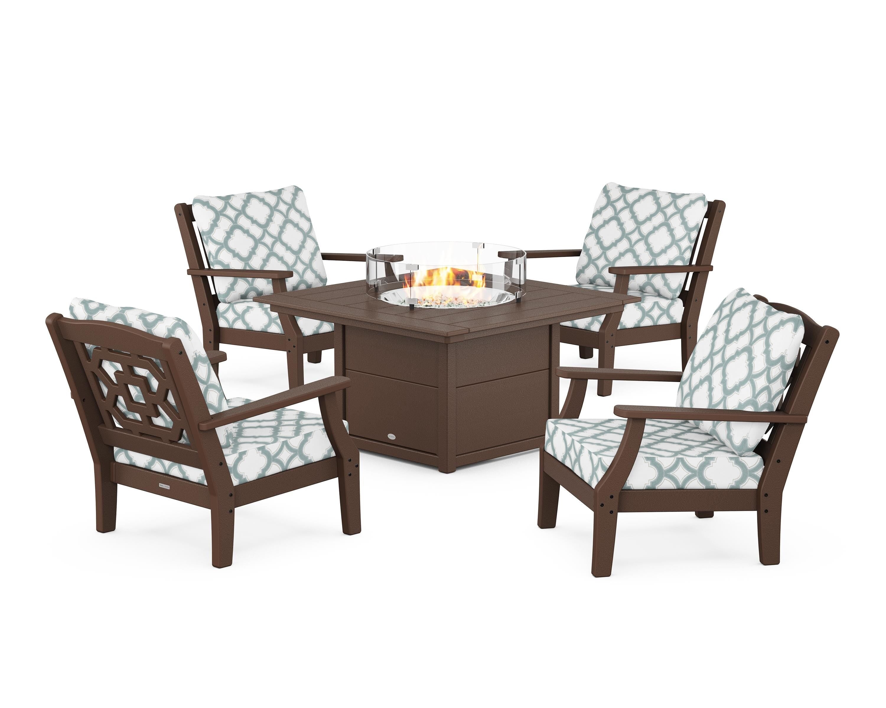 Martha Stewart by POLYWOOD® Chinoiserie 5-Piece Deep Seating Set with Fire Pit Table in Mahogany / Trellis Glacier Spa