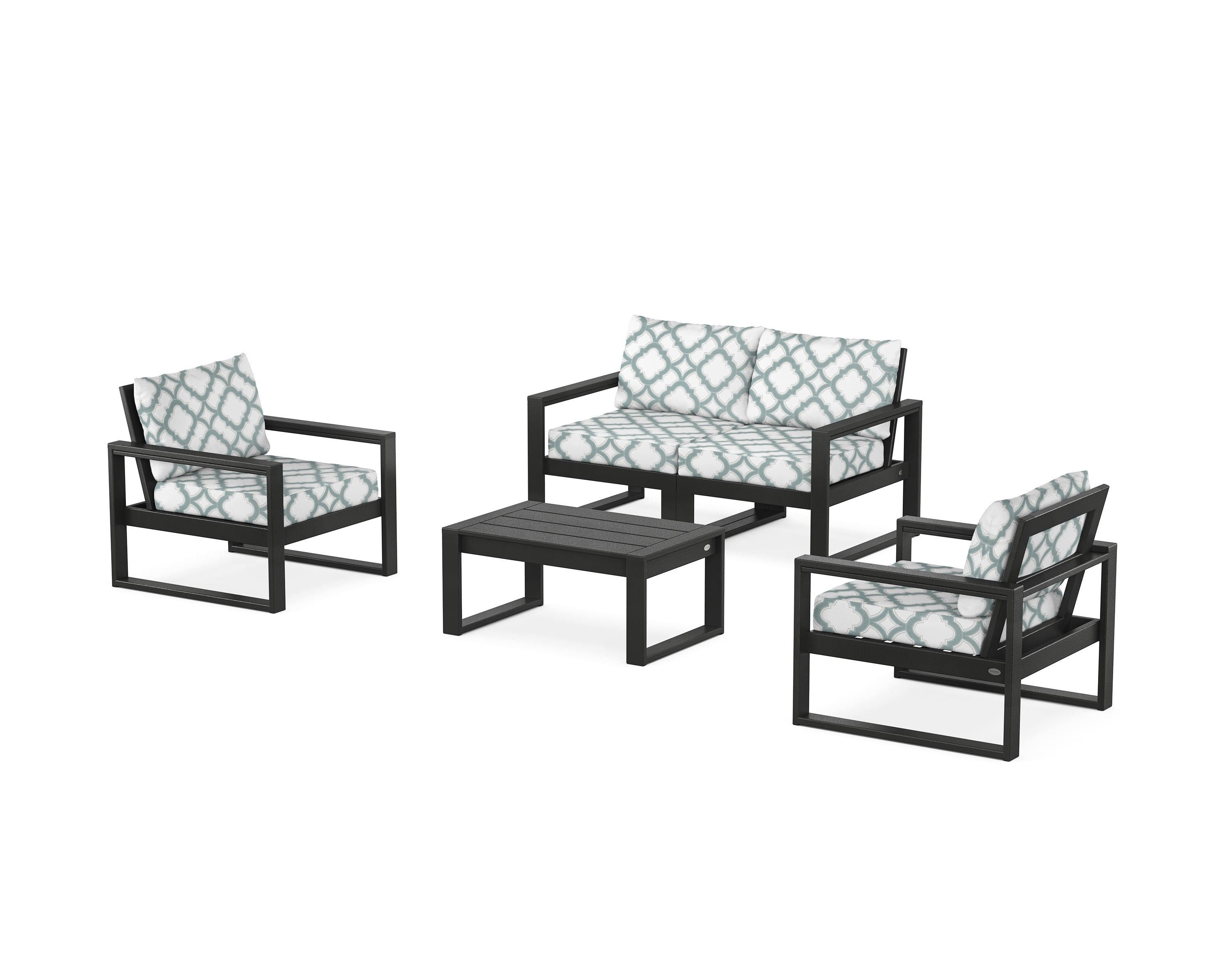 POLYWOOD® EDGE Sectional 4-Piece Deep Seating Set with Loveseat in Black / Trellis Glacier Spa