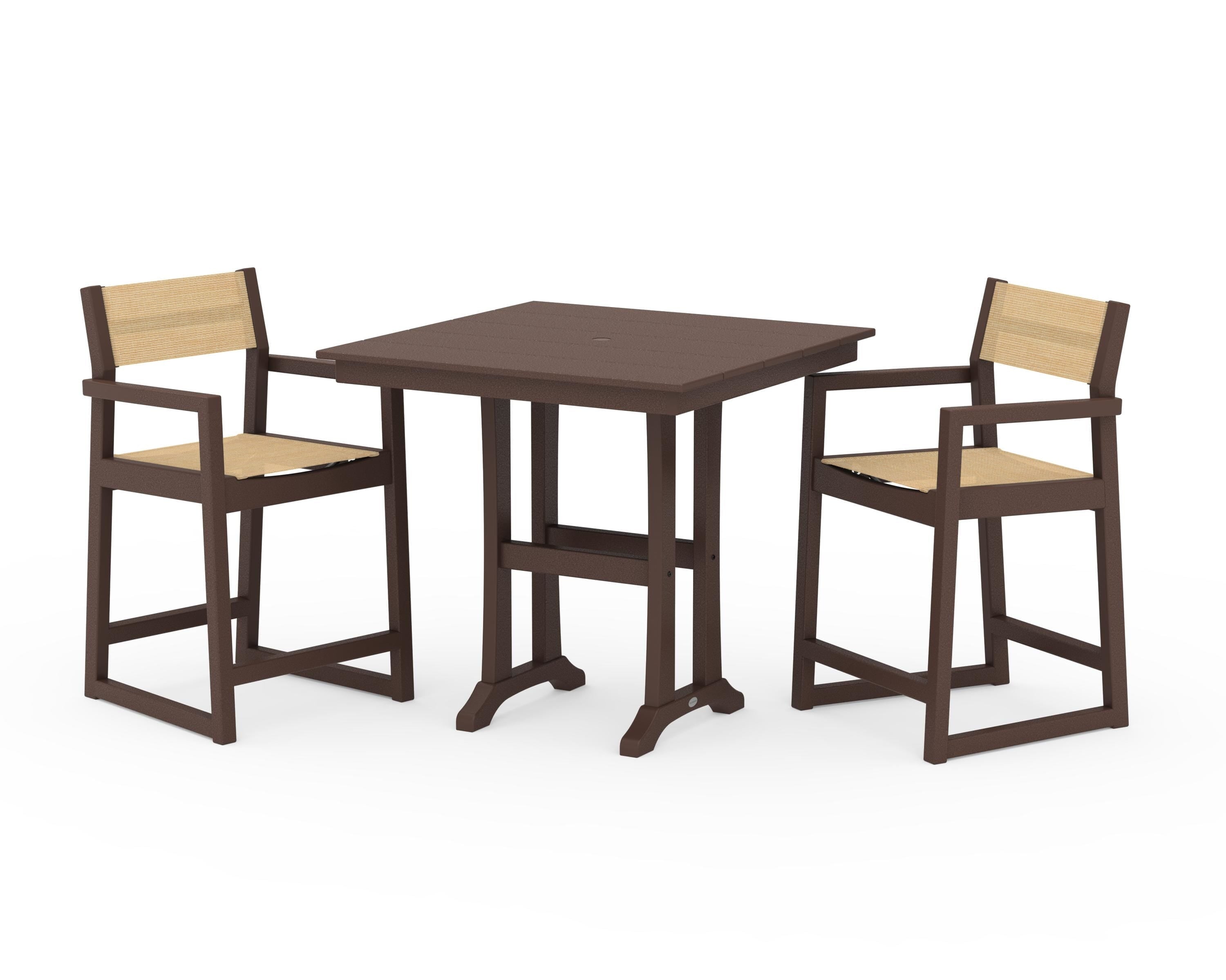 POLYWOOD® EDGE Sling Arm Chair 3-Piece Farmhouse Counter Set with Trestle Legs in Mahogany / Dupioni Apricot Sling