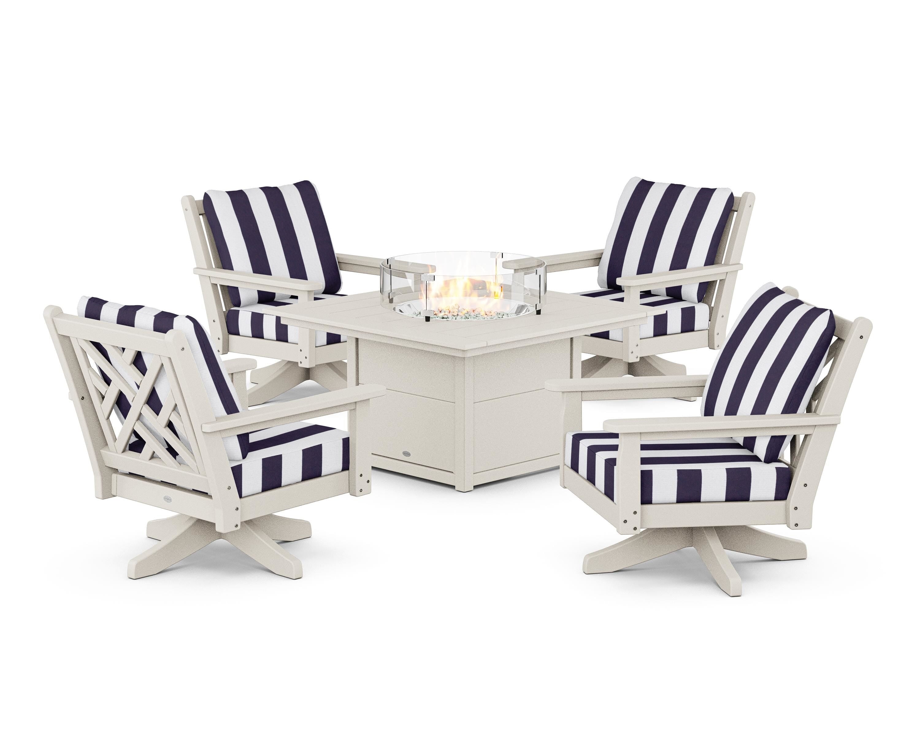 POLYWOOD® Chippendale 5-Piece Deep Seating Swivel Conversation Set with Fire Pit Table in Sand / Cabana Stripe Navy