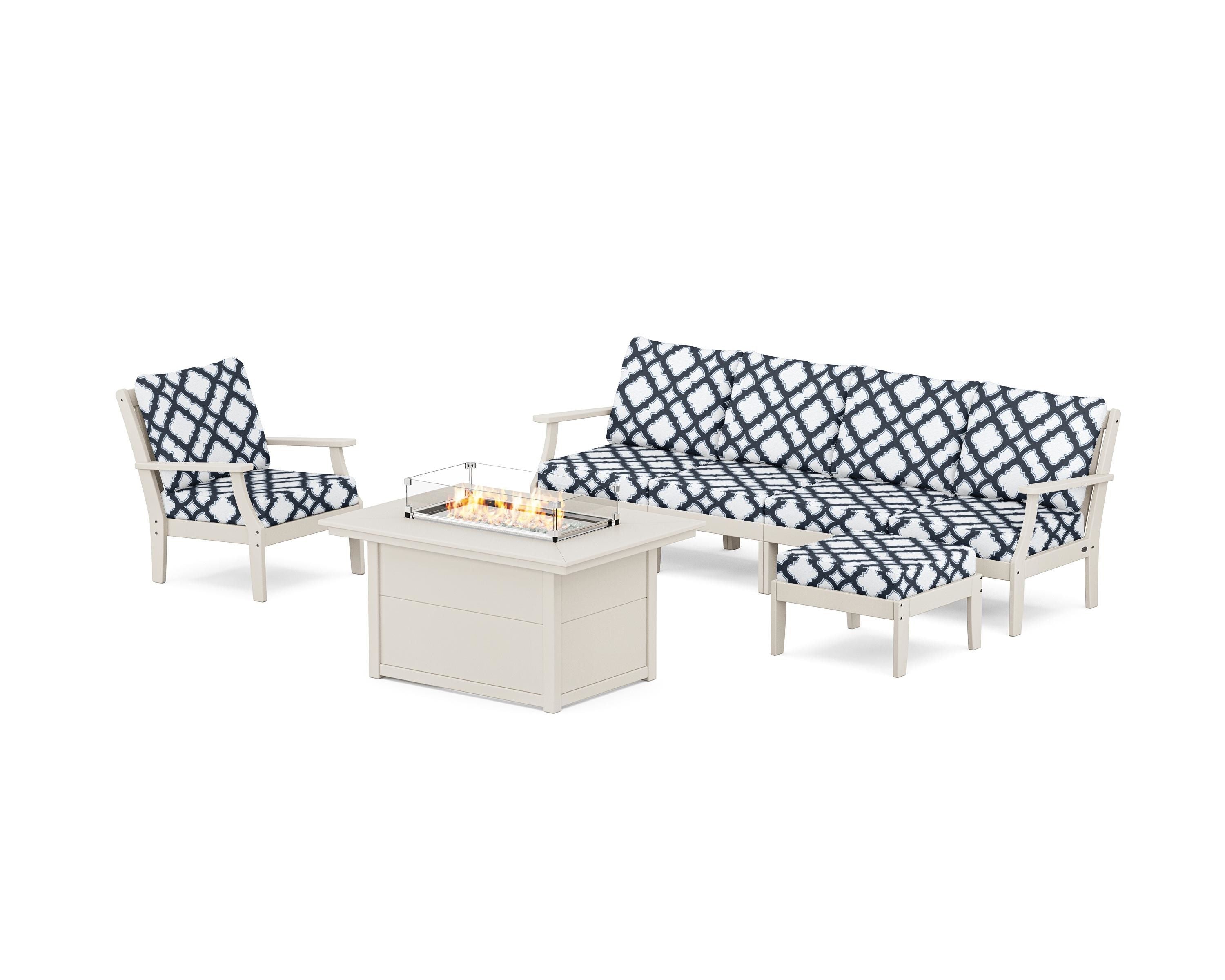 POLYWOOD® Braxton Sectional Lounge and Fire Pit Set in Sand / Trellis Marine Indigo