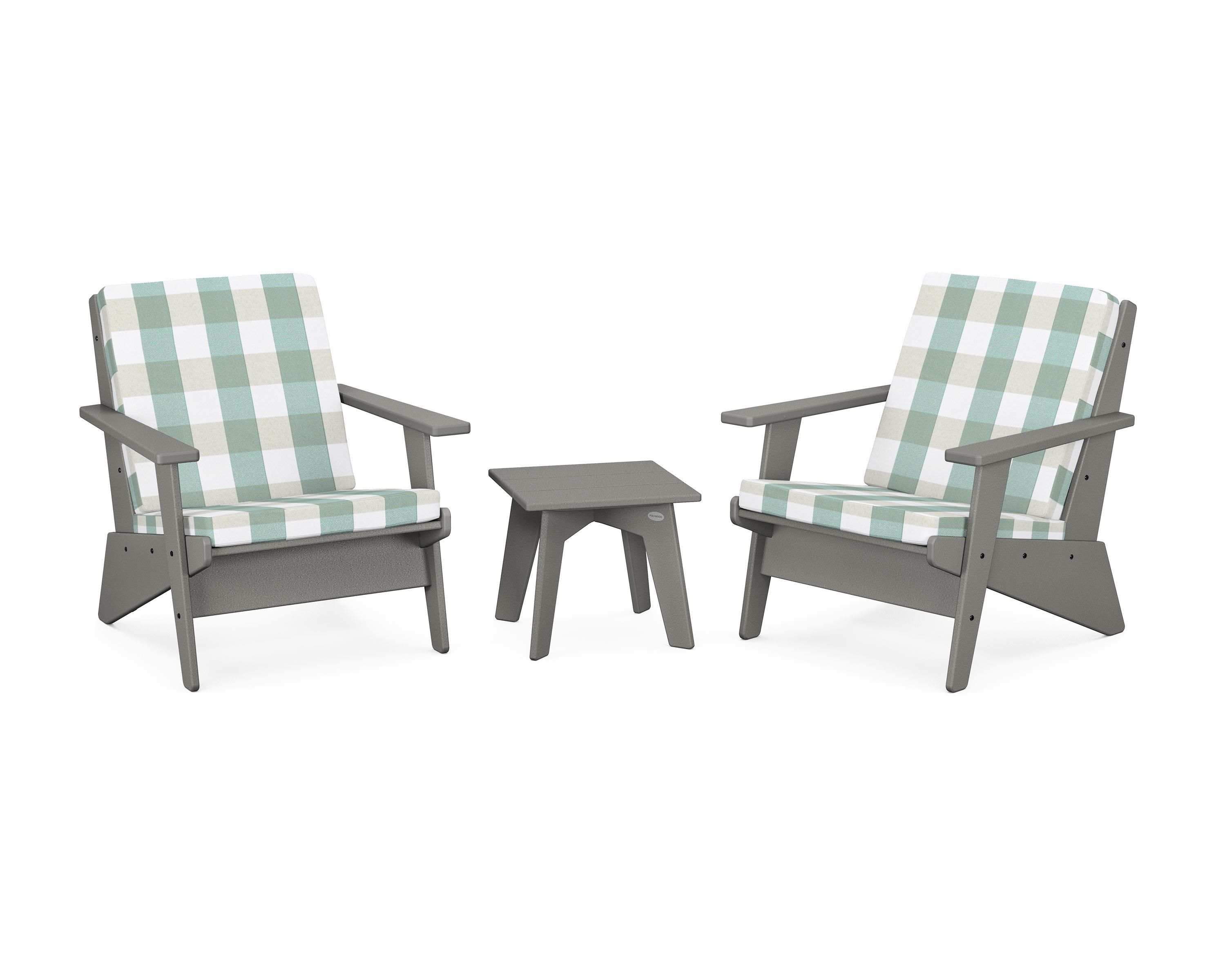 POLYWOOD® Riviera Modern Lounge 3-Piece Set in Slate Grey / Buffalo Plaid Glacier Spa