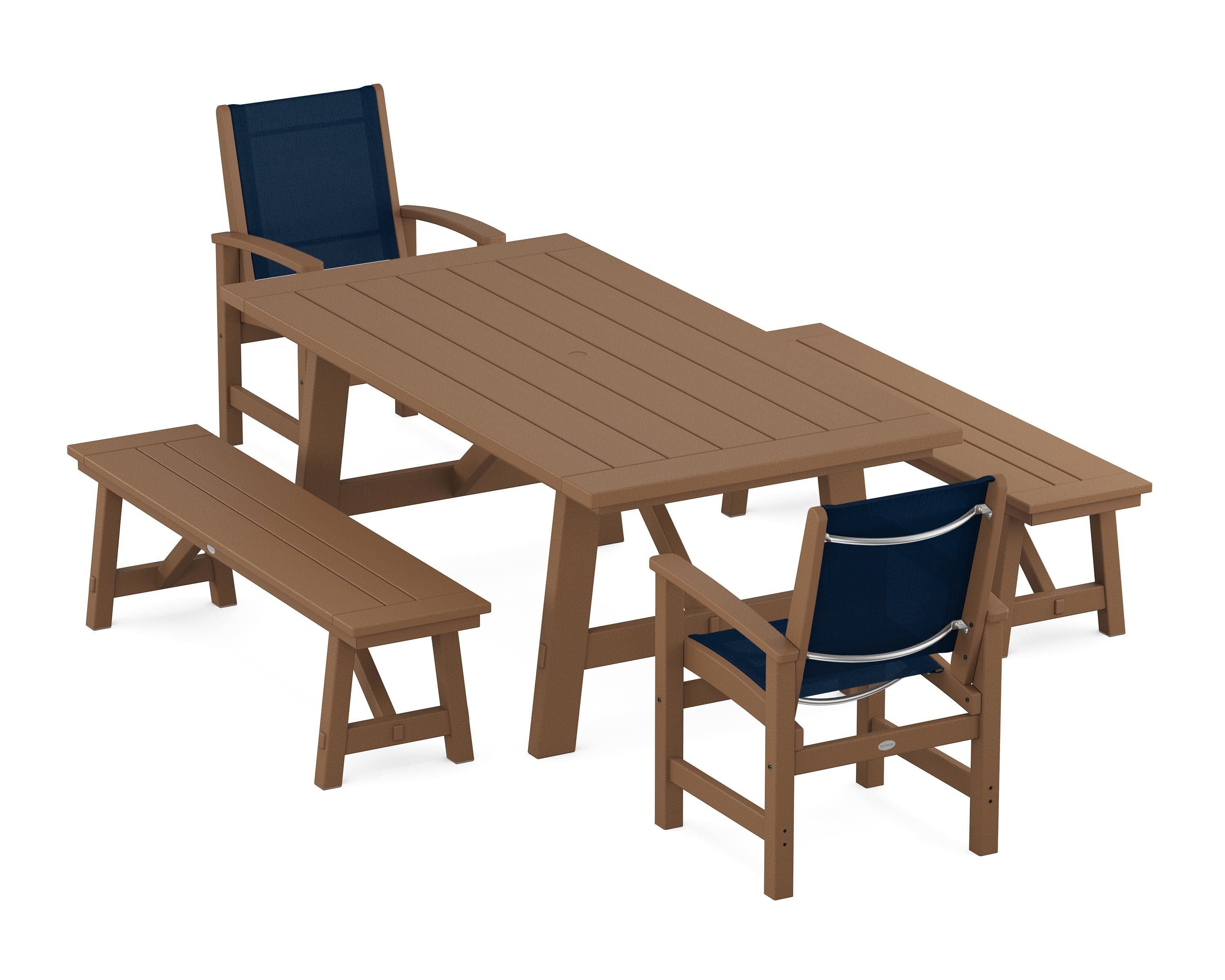 POLYWOOD® Coastal 5-Piece Rustic Farmhouse Dining Set With Benches in Teak / Navy Blue Sling