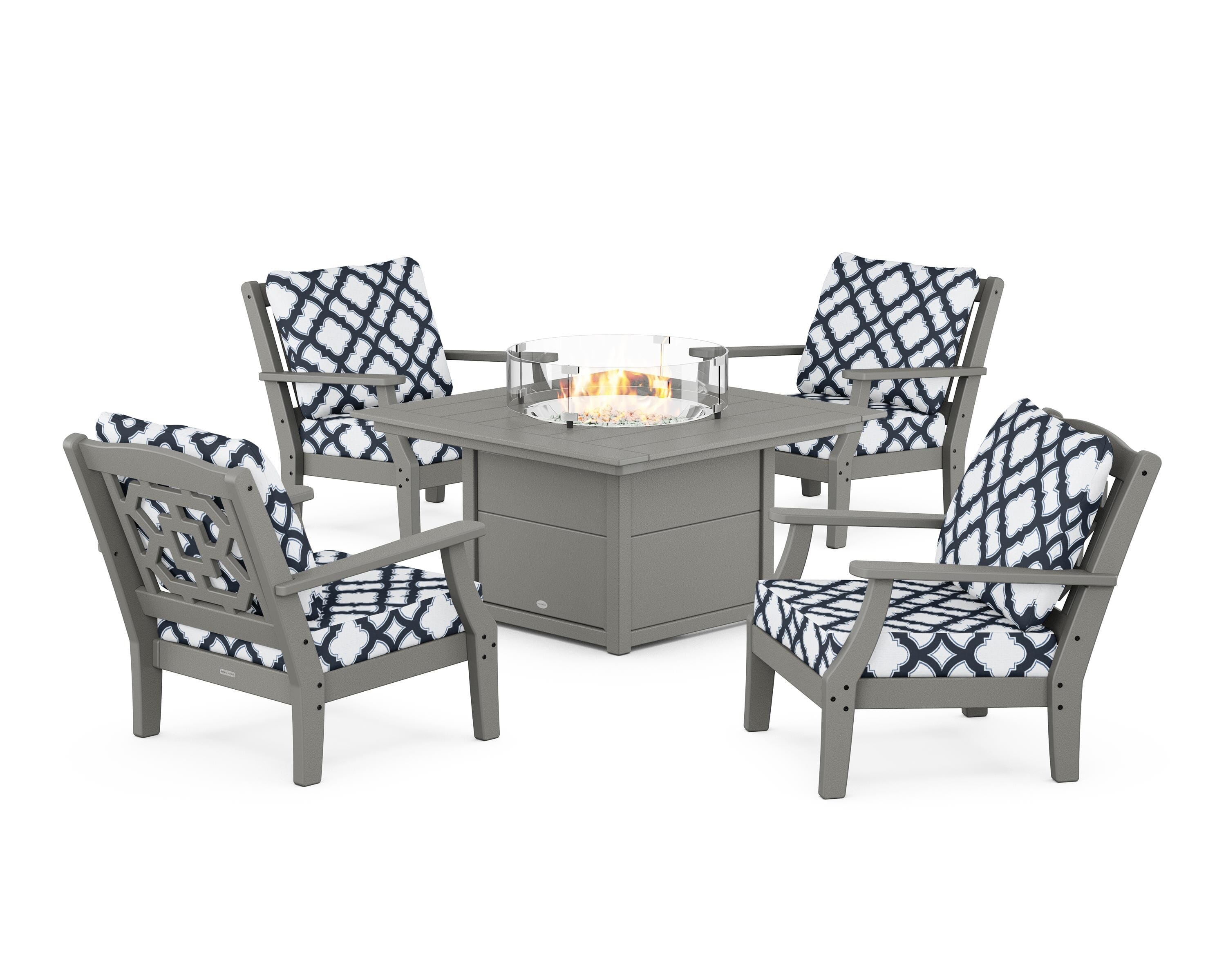 Martha Stewart by POLYWOOD® Chinoiserie 5-Piece Deep Seating Set with Fire Pit Table in Slate Grey / Trellis Marine Indigo