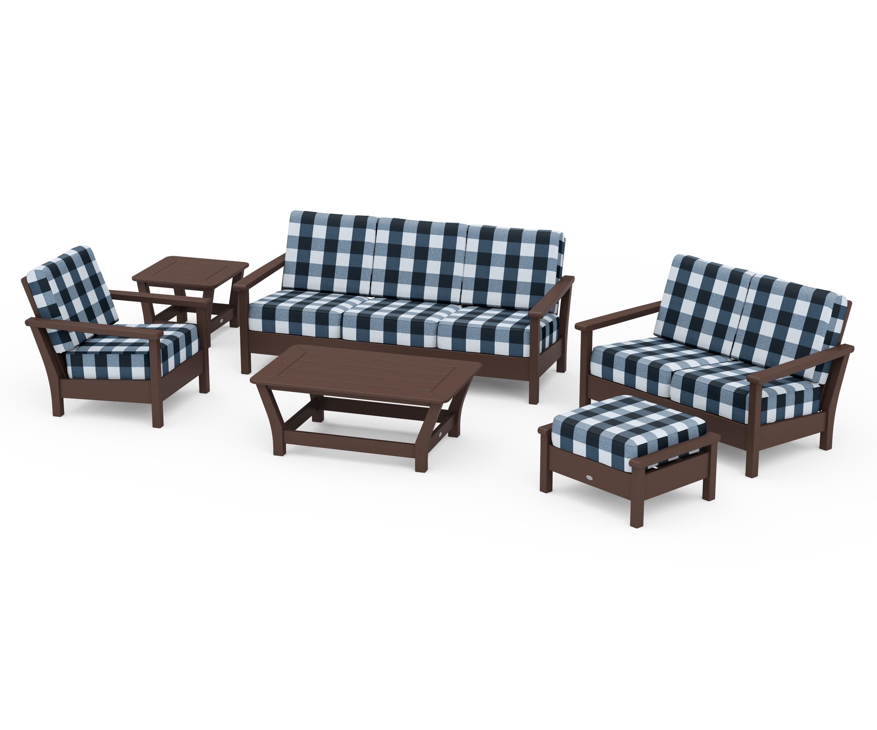 POLYWOOD® Harbour 6-Piece Outdoor Living Set in Mahogany / Buffalo Plaid Marine Indigo